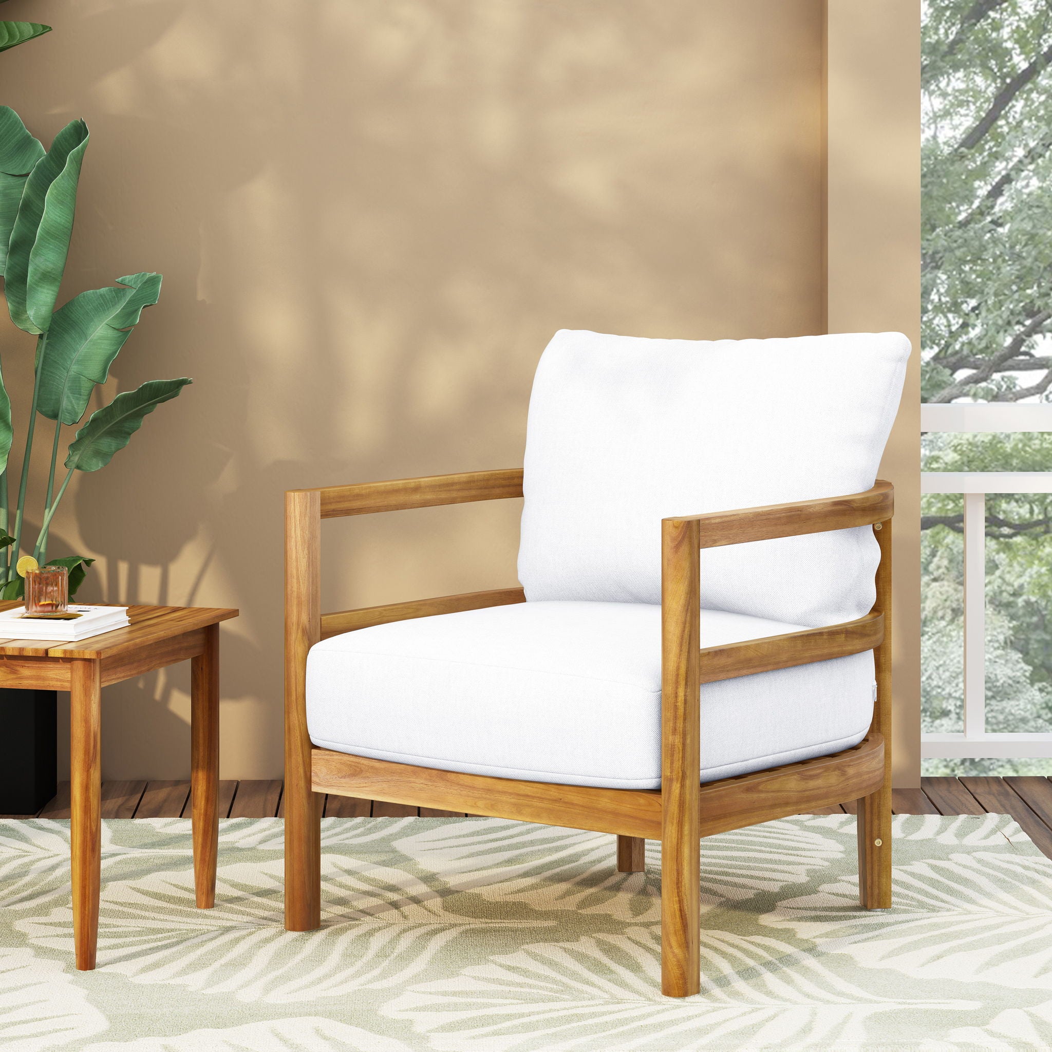 Outdoor Acacia Wood Patio Club Chair, Waterproof Thick Cushion, Deep Seating