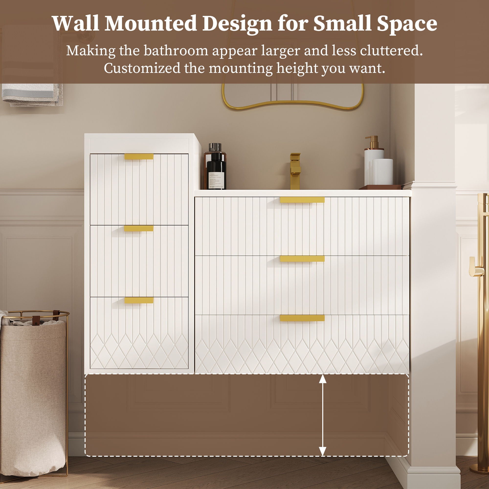 Modern Floating Bathroom Cabinet With Basin Sink And Side Storage, Rectangular Vanity