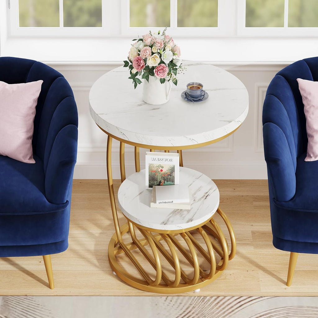 Round Vintage End Table With 2 Tier Storage