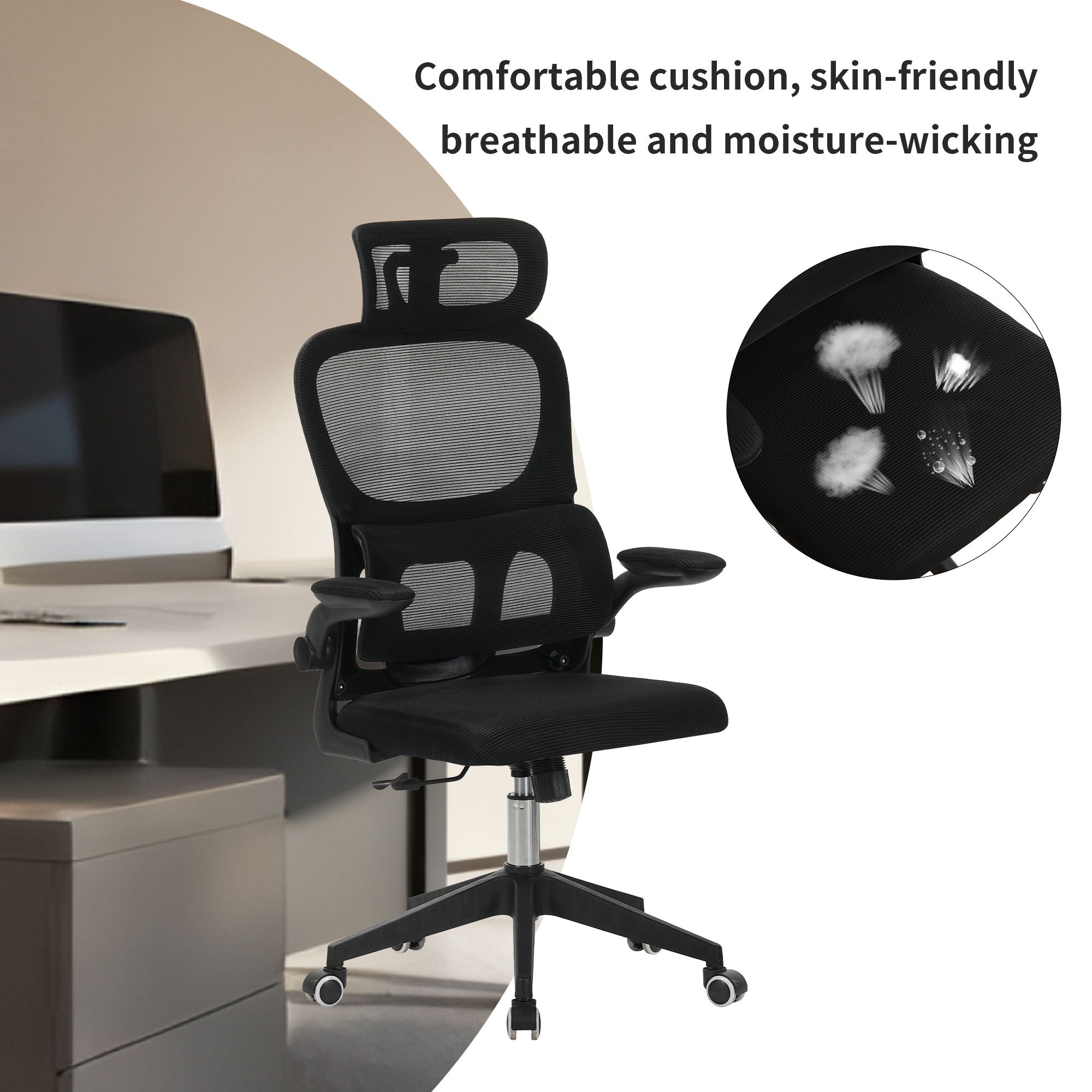 High Back Ergonomic Swivel Rolling Office Chair With Tilt Function, 3D Headrest, Lumbar Support - Black