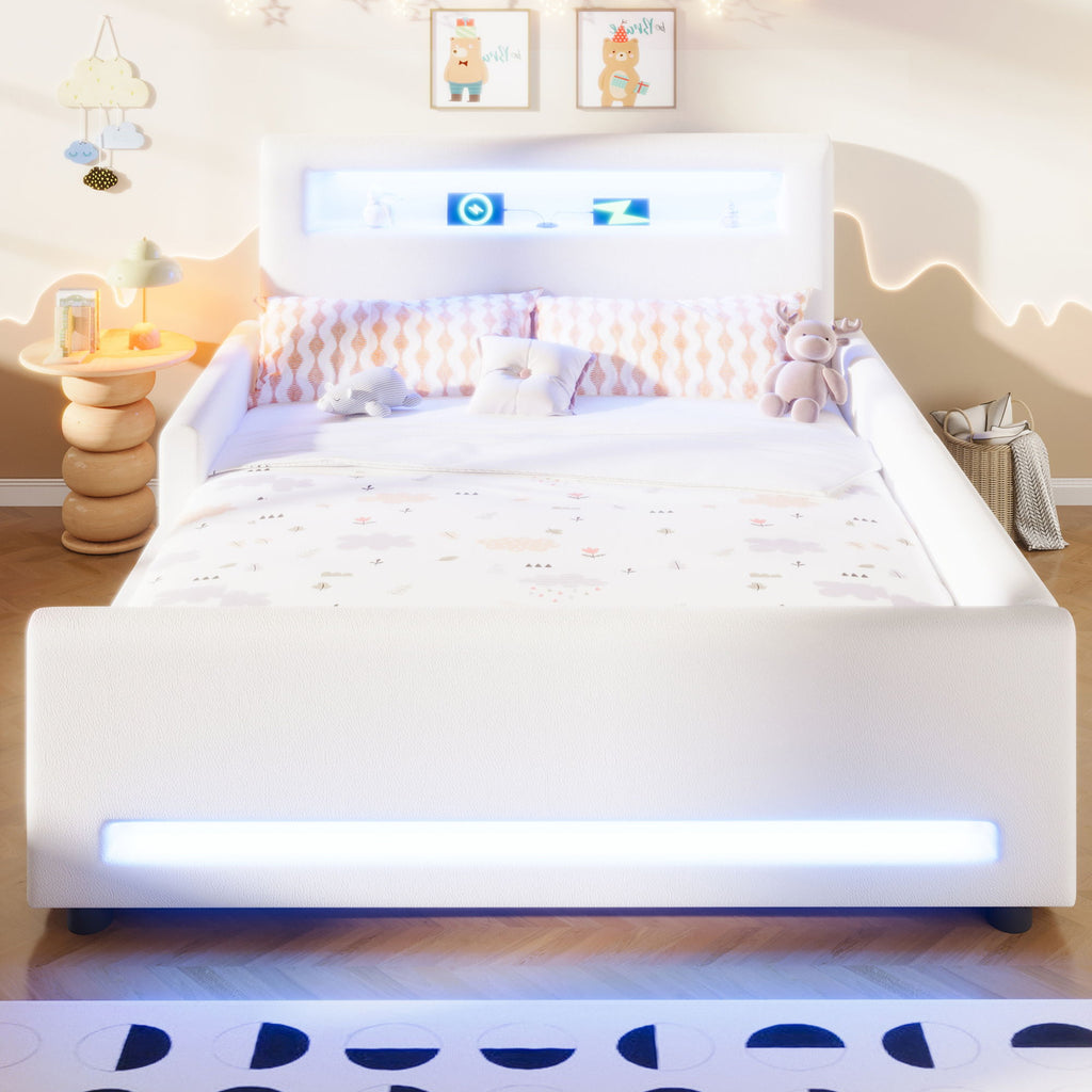 Upholstered Platform Bed With Drawer, LED Light Strip, USB Port