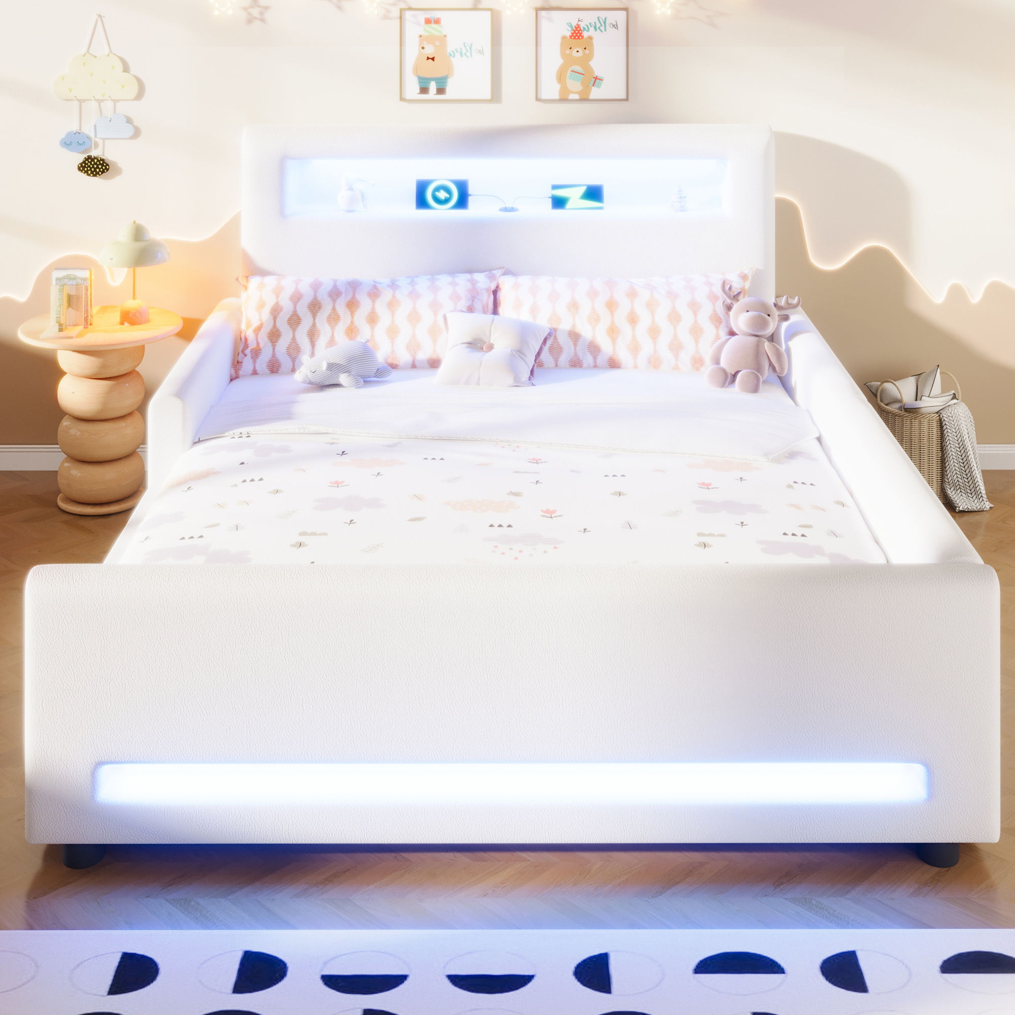 Upholstered Platform Bed With Drawer, LED Light Strip, USB Port
