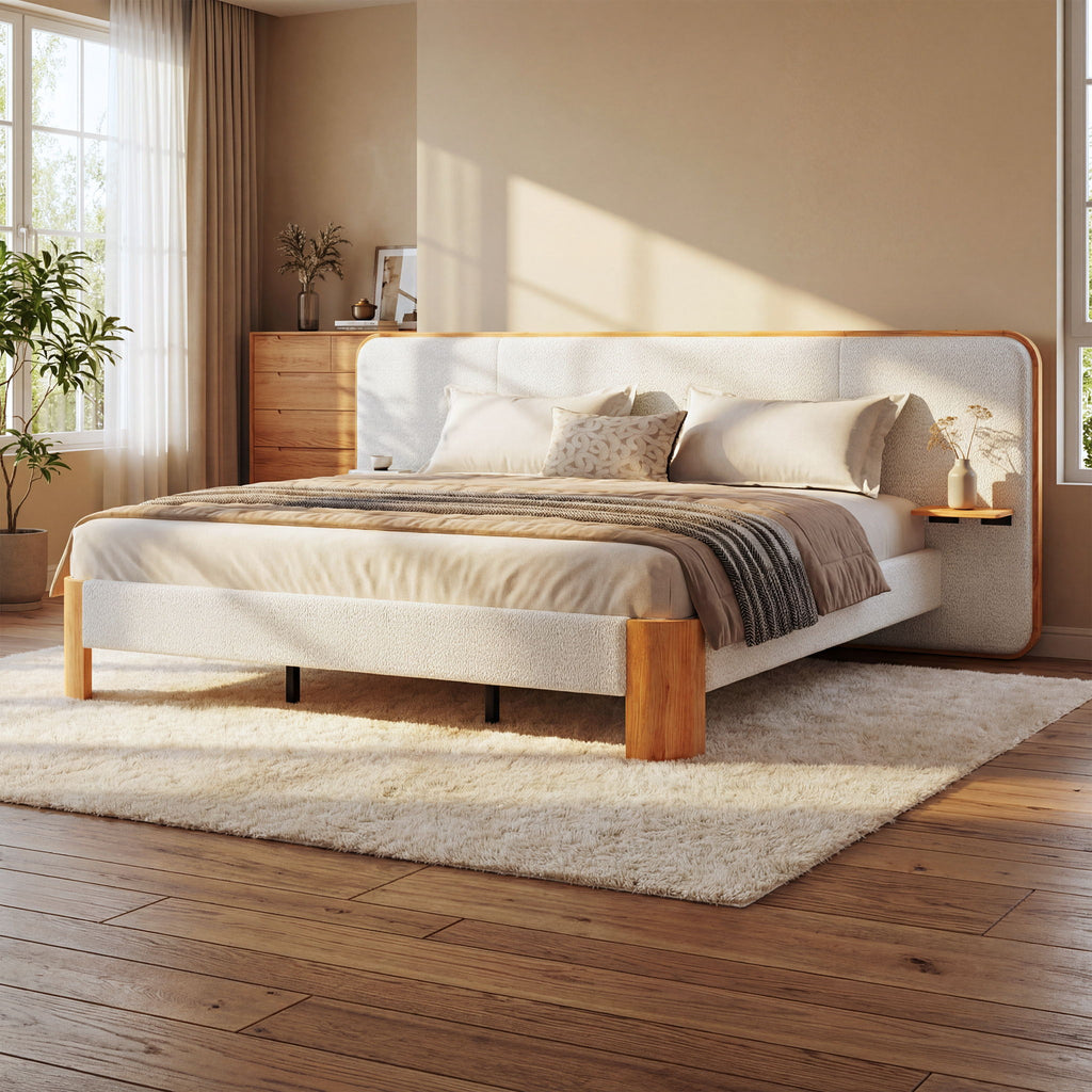 Upholstered Platform Bed Frame With Curved Headboard, Built-In Floating Shelves