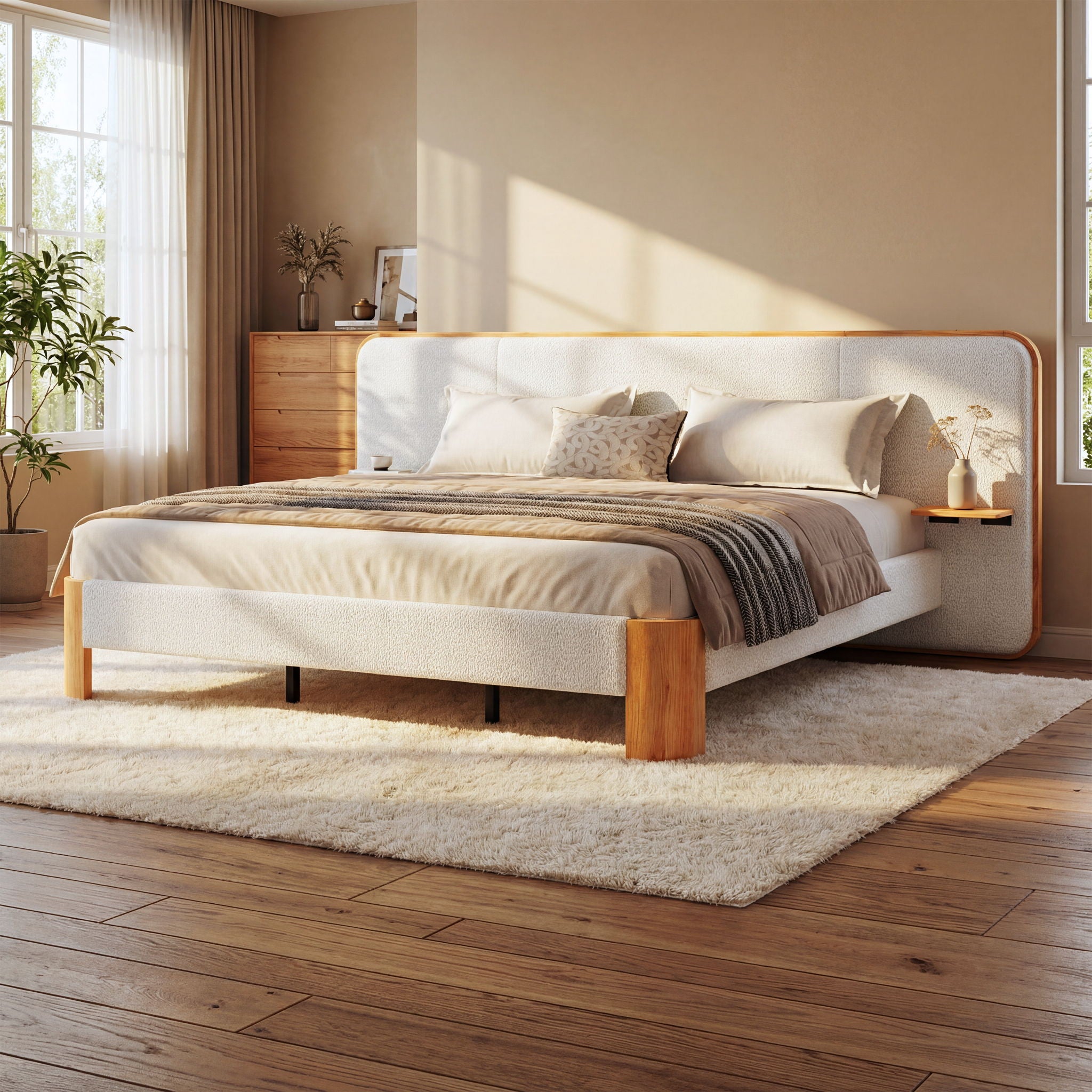 Upholstered Platform Bed Frame With Curved Headboard, Built-In Floating Shelves