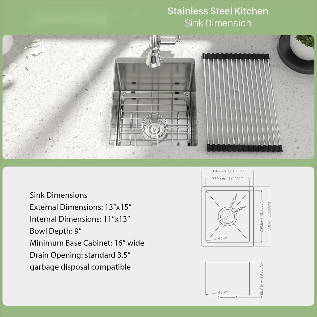13" Undermount Kitchen Sink 16 Gauge Single Bowl - Brushed Nickel
