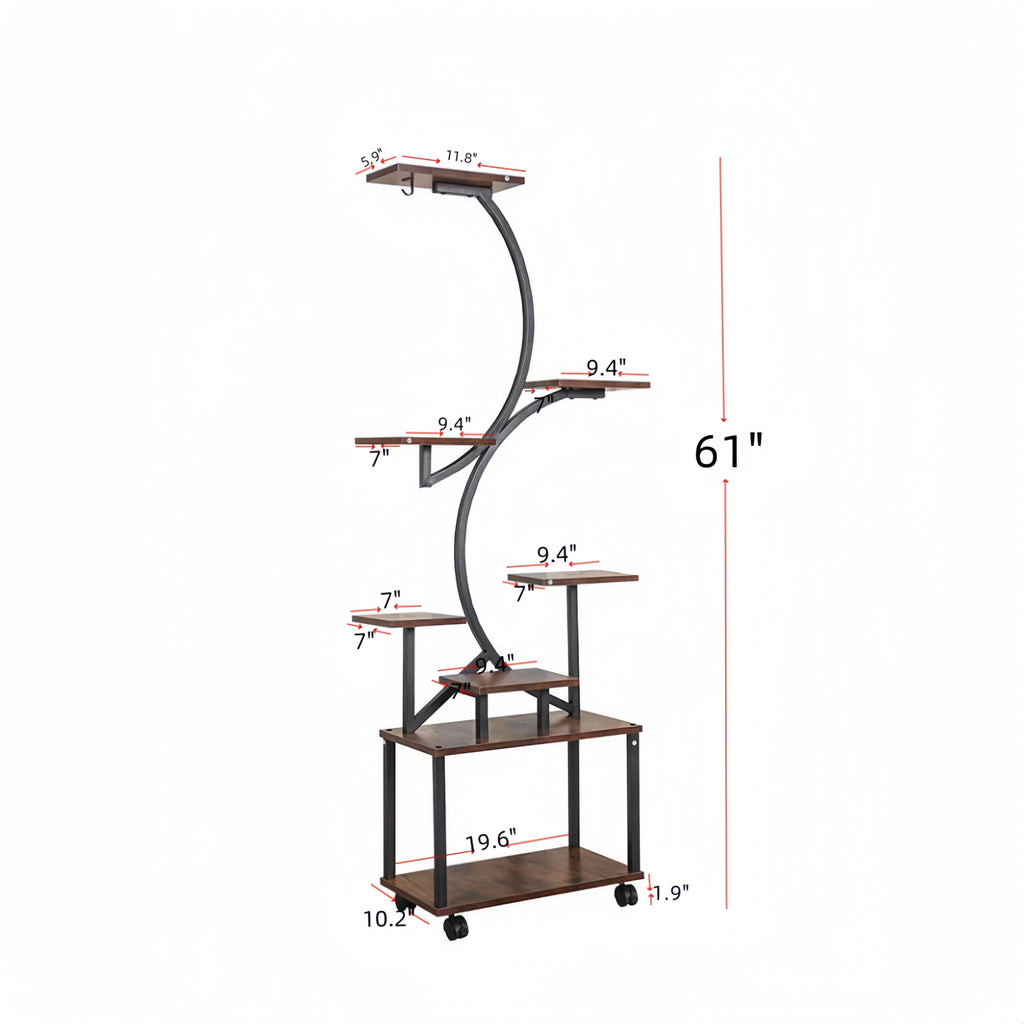8 Tier Indoor Plant Stand With Grow Lights, S Shaped Metal Shelf For Multiple Plants - Black / Dark Walnut