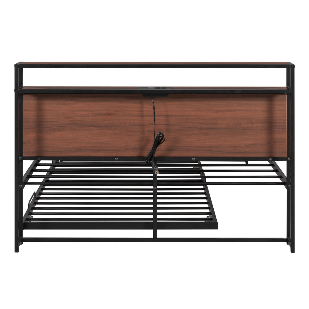 Platform Bed Frame With Trundle, USB Ports And Slat Support, No Box Spring Needed