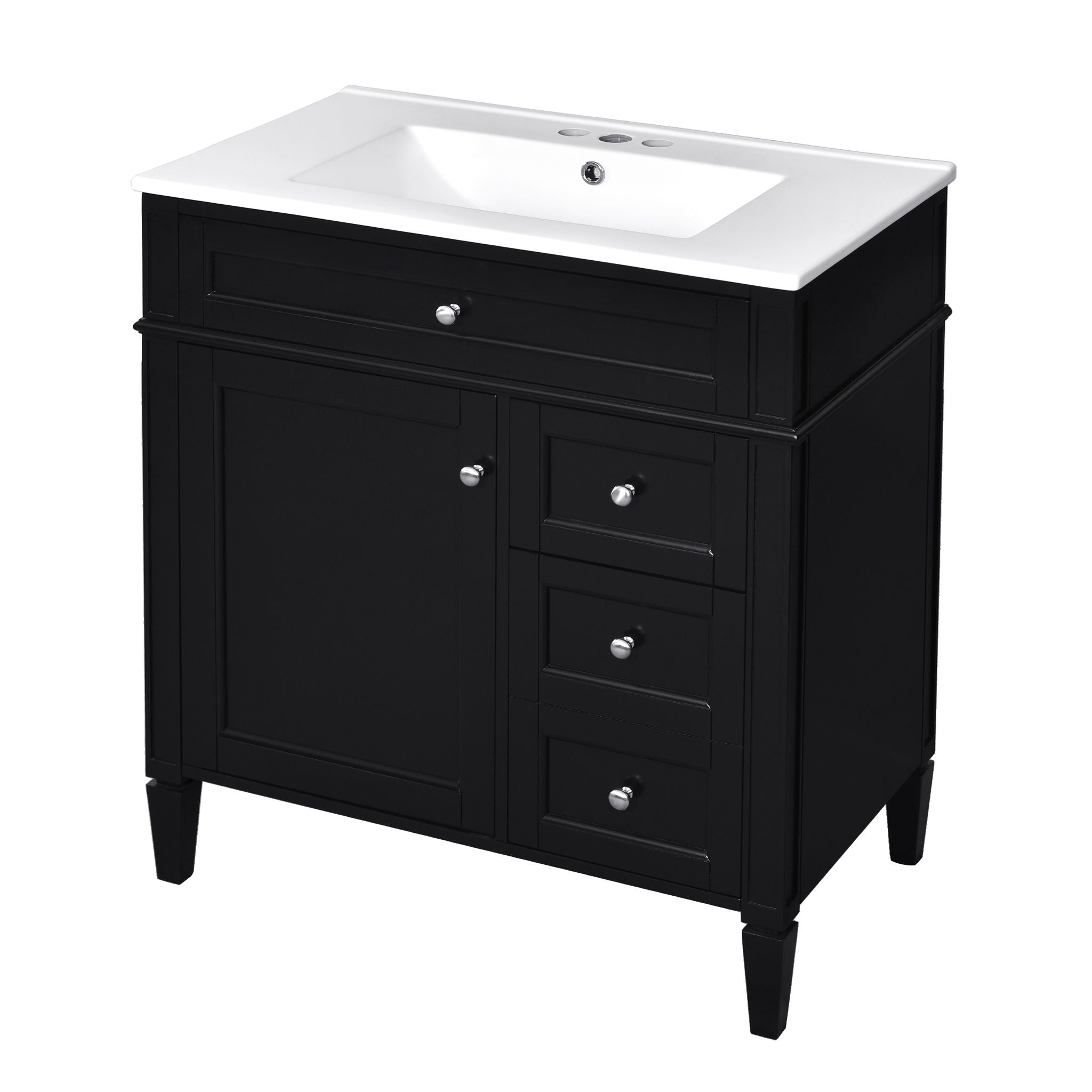 Bathroom Vanity With Top Sink, 2 Doors And 3 Drawers, Freestanding Set With Mirror Cabinet