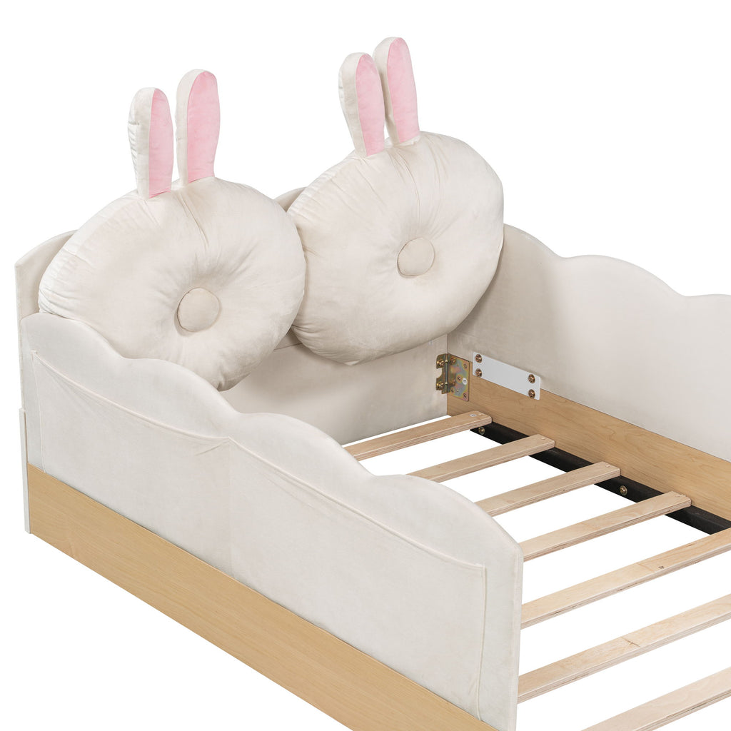 Platform Bed With Animal Pillows And Storage Bags