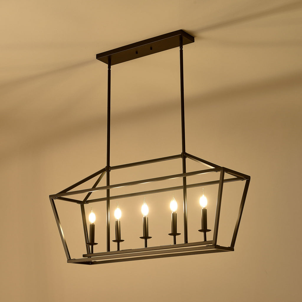 5 Light Farmhouse Kitchen Island Lighting, 5 Light Industrial Linear Chandelier For Dining Room Metal Hanging Pendant Light Fixture For Bedroom Living Room Hallway Conference Room - Matte Black