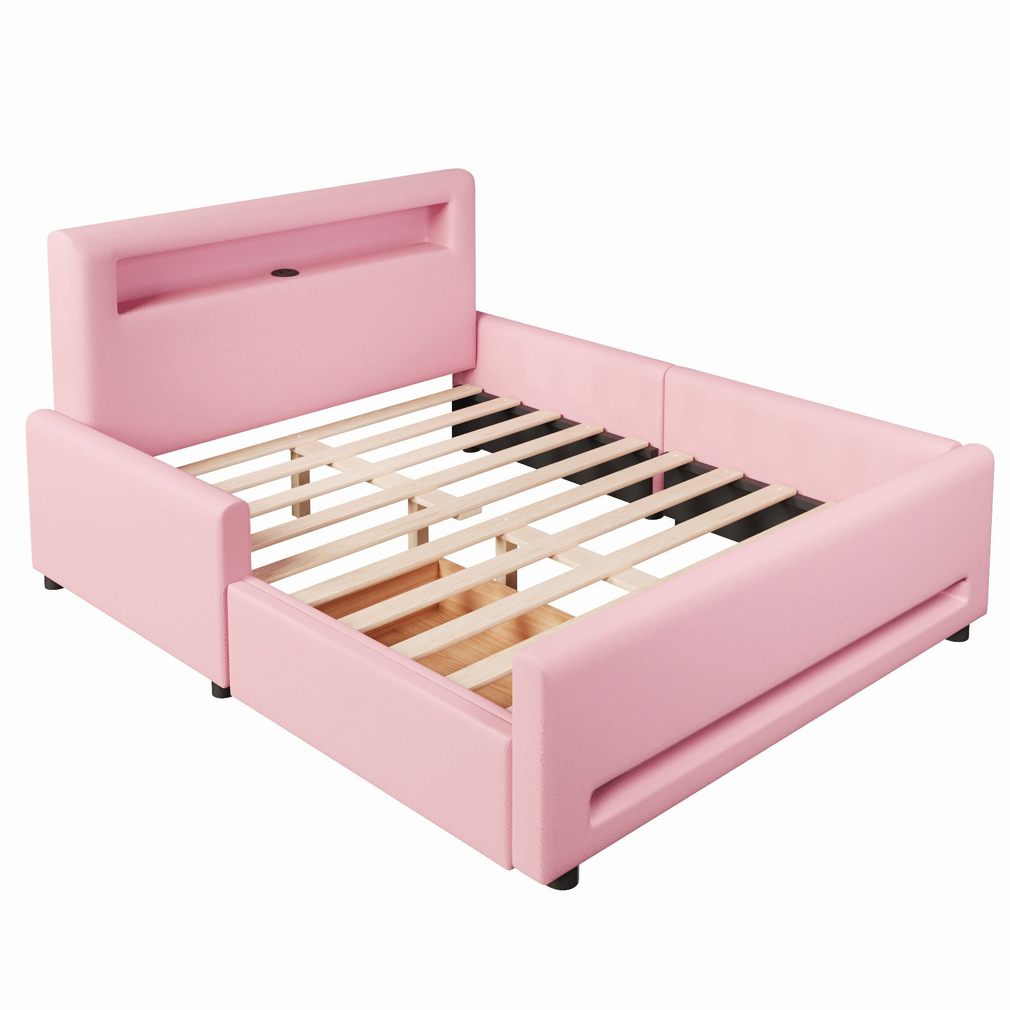 Upholstered Platform Bed With Drawer, LED Light Strip, USB Port
