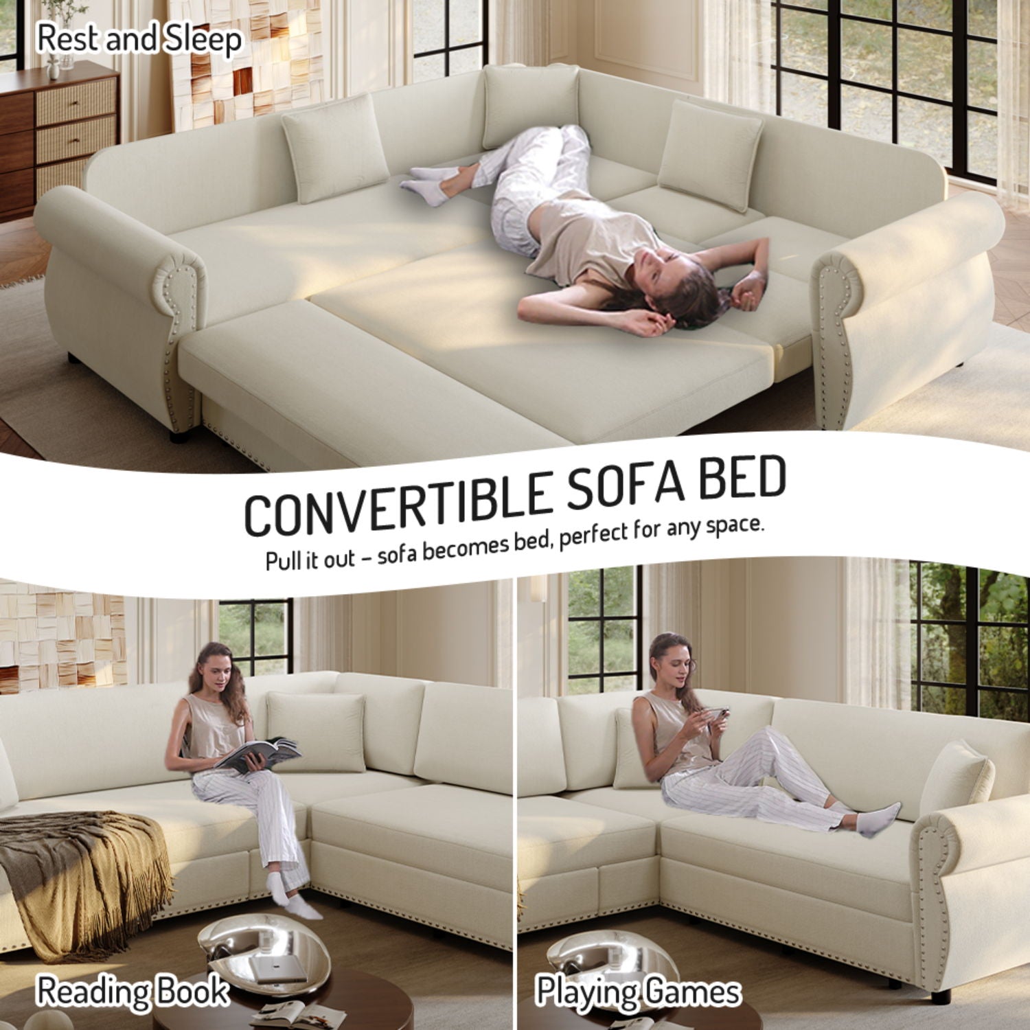 L-Shaped Sofa Couch With Pull-Out Bed
