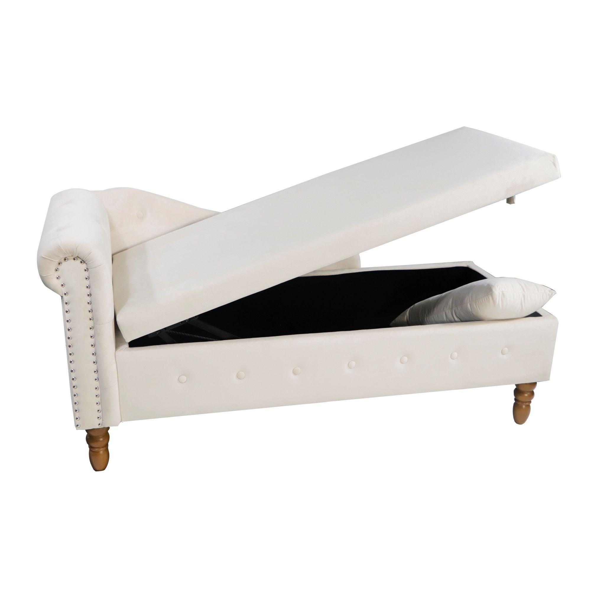 Chaise Lounge Indoor, Lounge Chair For Bedroom With Storage & Pillow, Modern Upholstered Rolled Arm Chase Lounge For Sleeping With Nailhead Trim For Living Room Bedroom Office