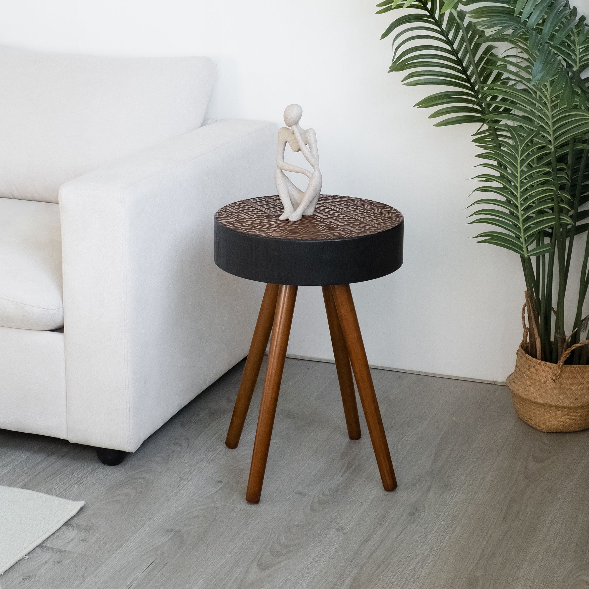 Round Coffee Table With Carved Top For Living Room