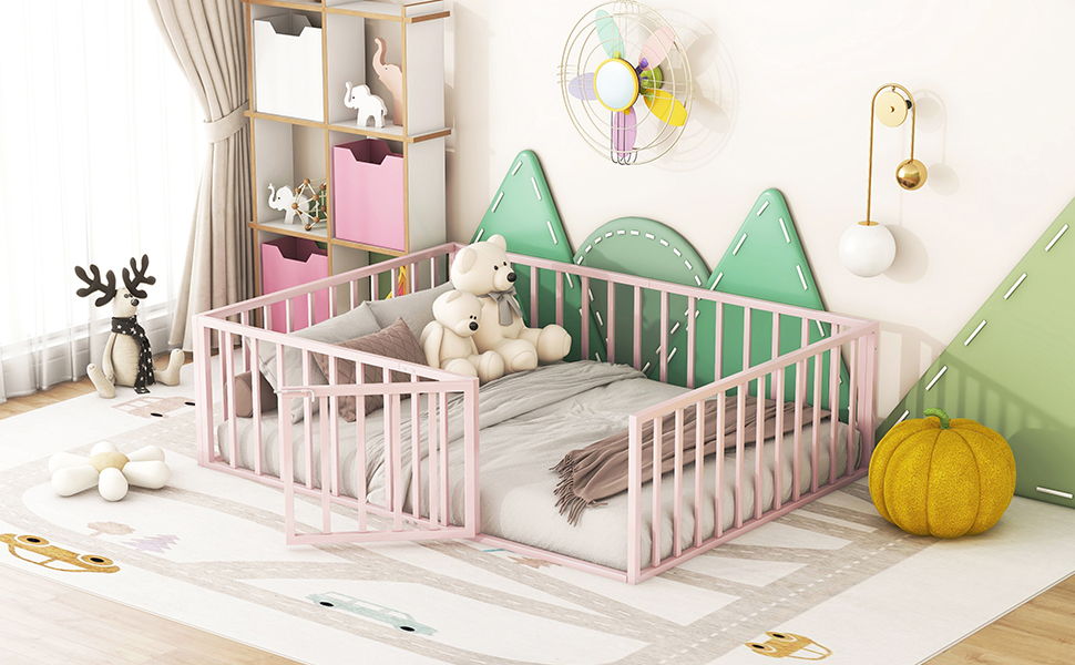 Metal Floor Bed Frame With Fence And Door