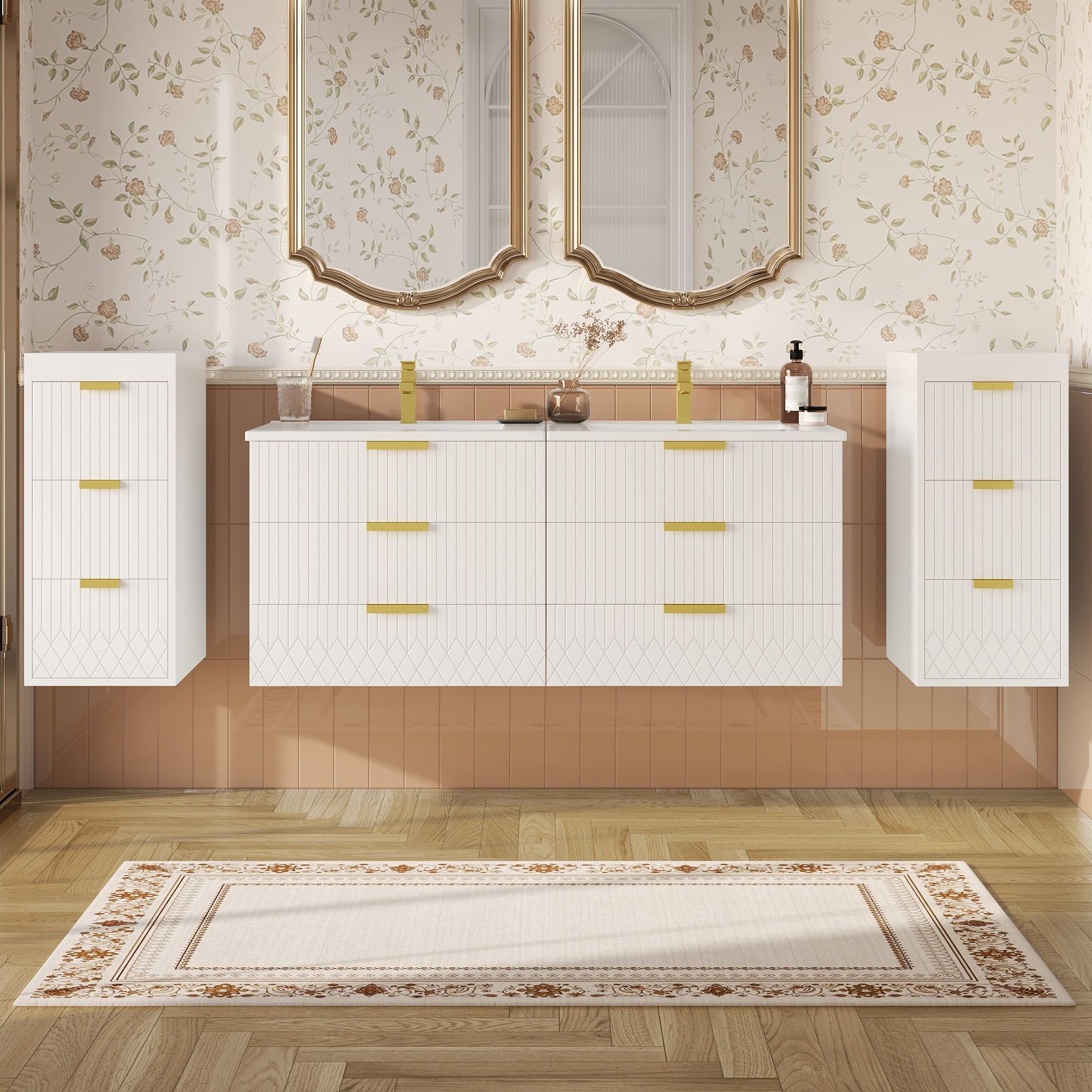 Modern Floating Bathroom Cabinet With Basin Sink And Side Storage, Rectangular Vanity
