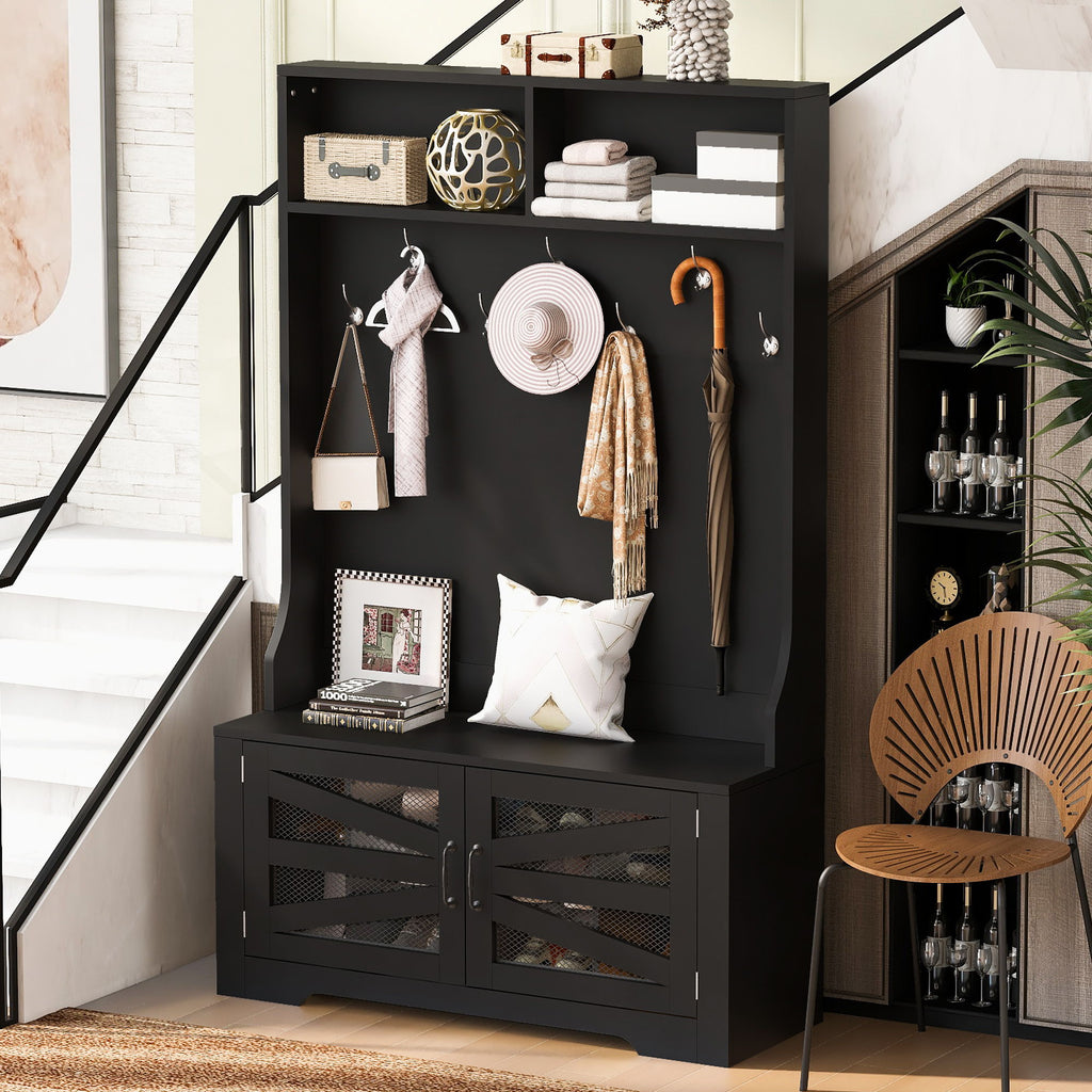 Entryway Bench With Coat Rack, 3 In 1 Design And Adjustable Shelves