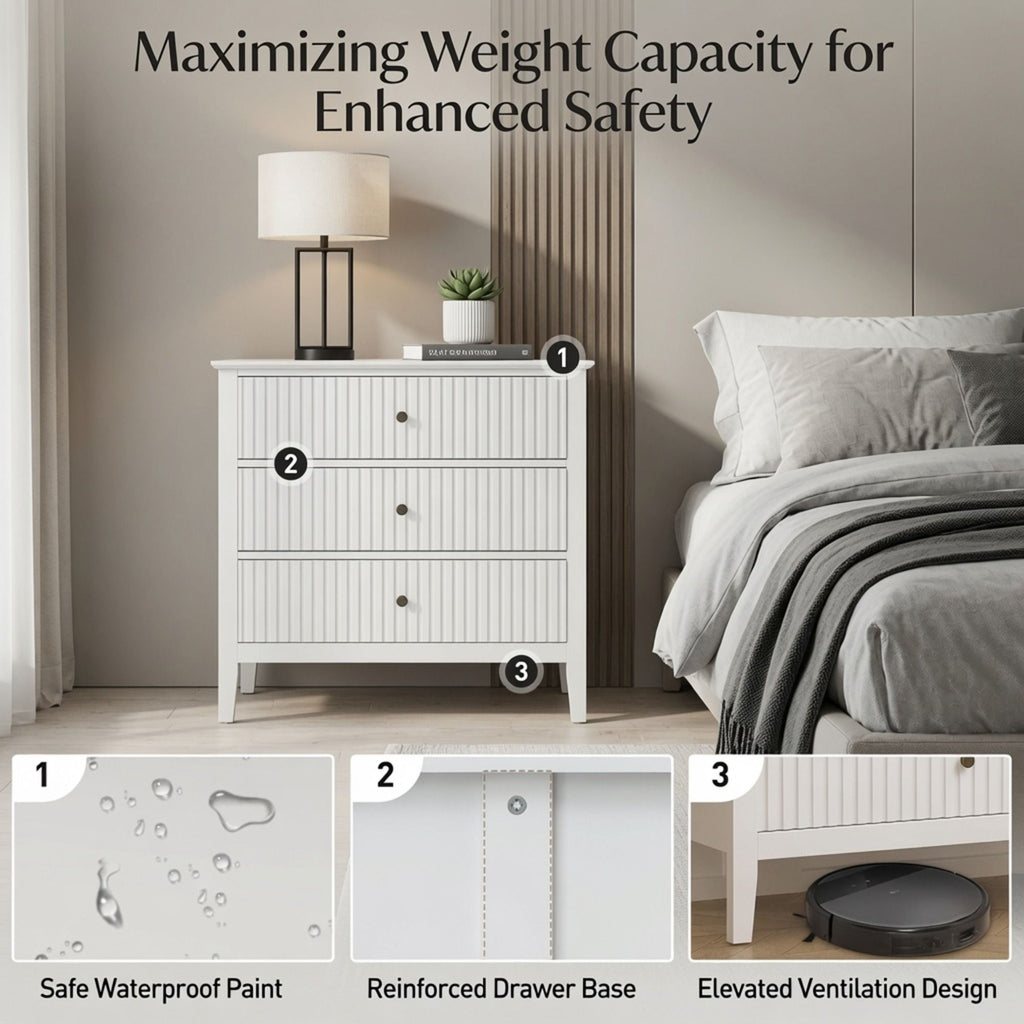 3 Drawer Nightstand, Wide With Soft Close Slides - White