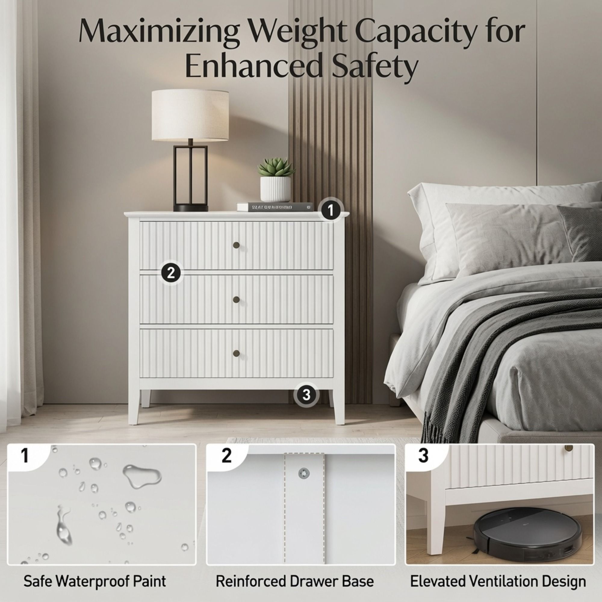 3 Drawer Nightstand, Wide With Soft Close Slides - White