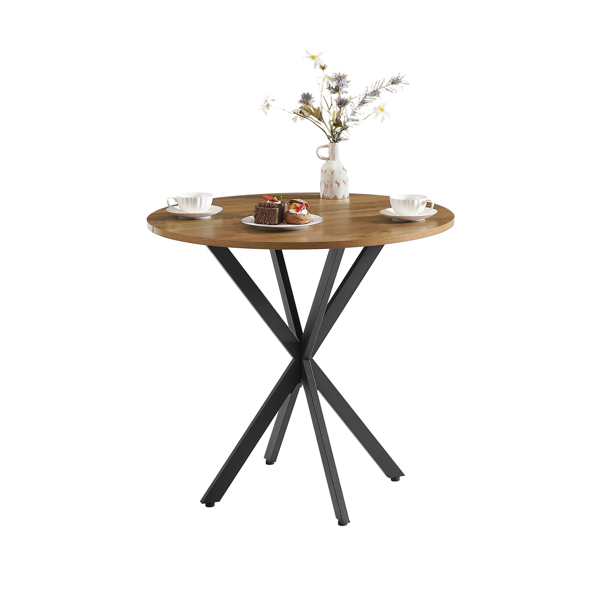Vintage Round Dining Table With Metal Legs For 2 - 4 People, Wood Top - Brown