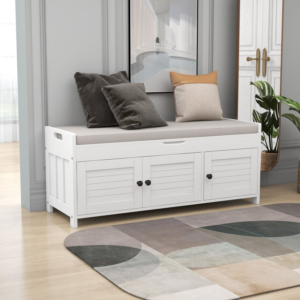 Storage Bench With 3 Shutter-Shaped Doors, Shoe Bench With Removable Cushion And Hidden Storage Space