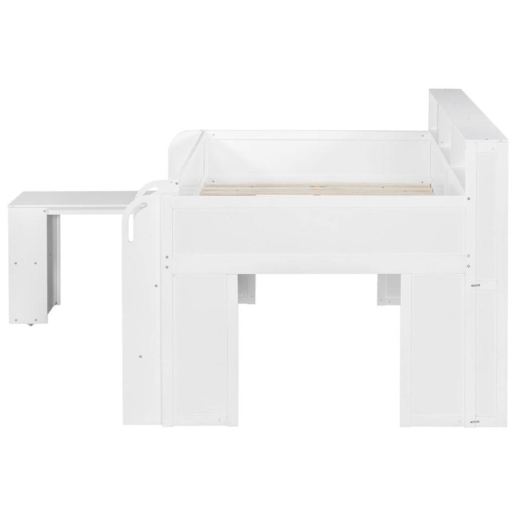 Loft Bed With Built-In Desk, LED Lighting, And Multiple Storage Shelves