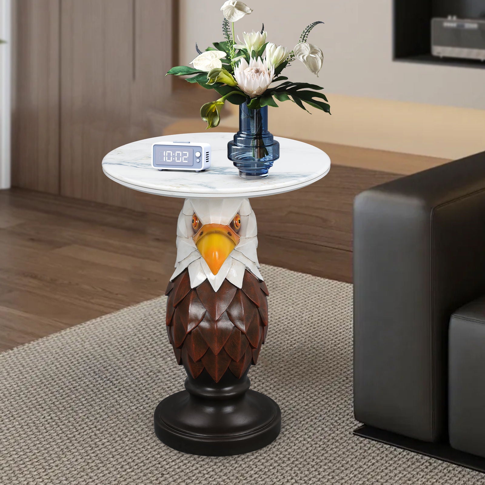Eagle Head Accent Table, Animal Statue End Tables For Living Room - Brown / Antique White