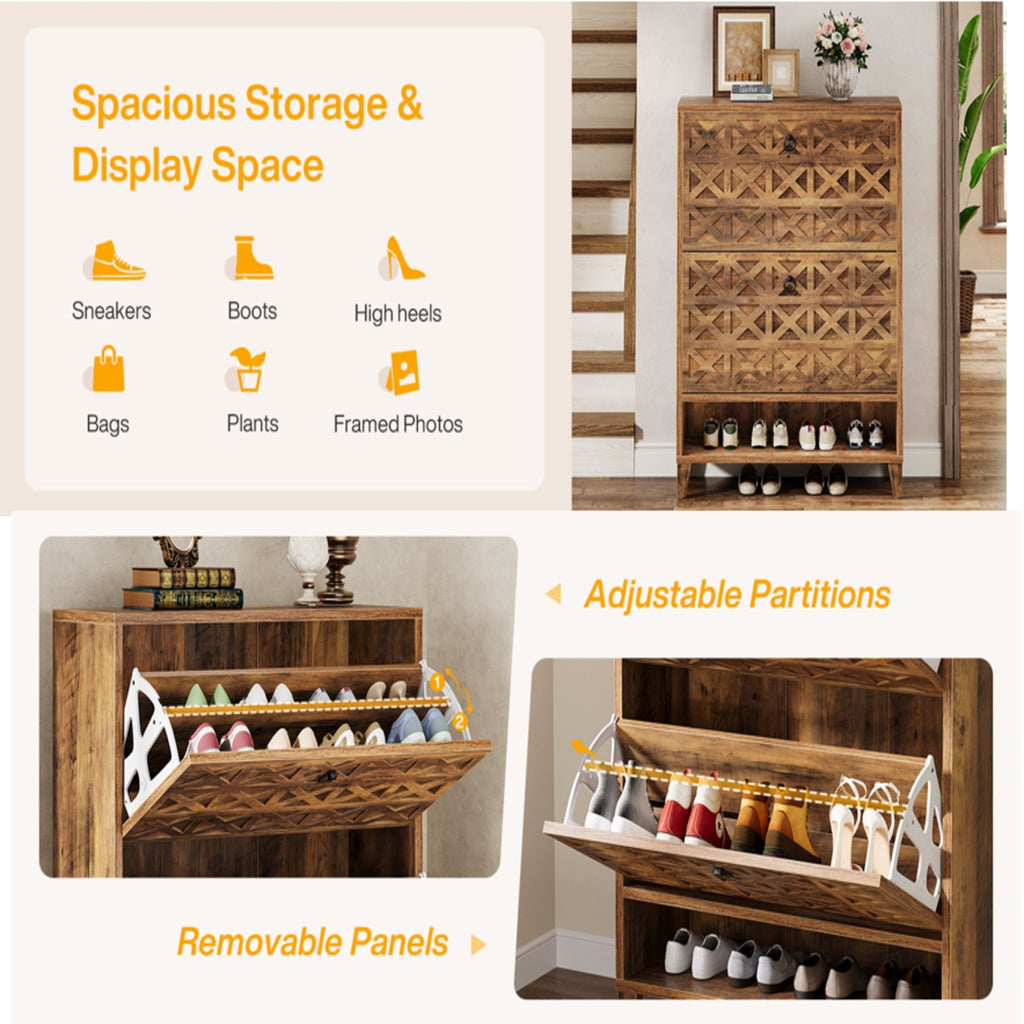 Narrow Shoe Cabinet With 2 Flip Drawers For Entryway Organizer - Rustic Brown