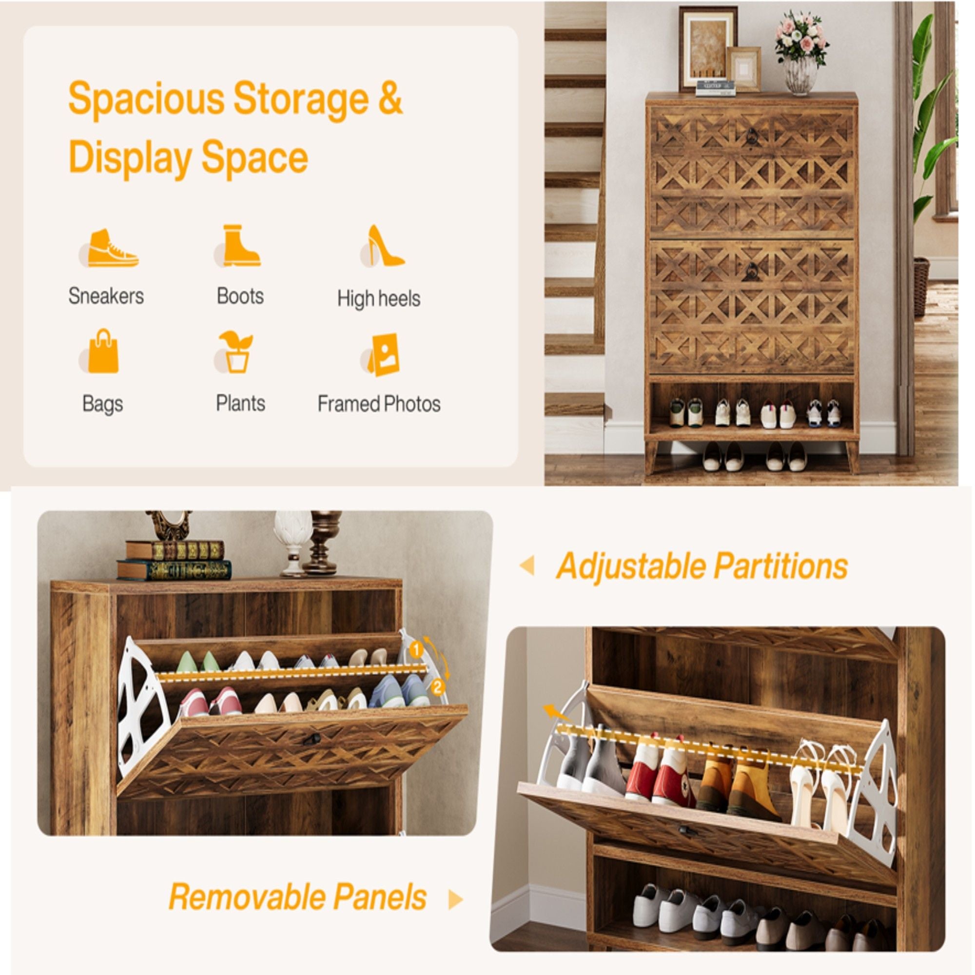 Narrow Shoe Cabinet With 2 Flip Drawers For Entryway Organizer - Rustic Brown
