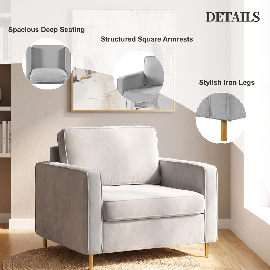 Accent Chair Upholstered Single Sofa With Square Arms, Sewn Pillow Back For Living Room