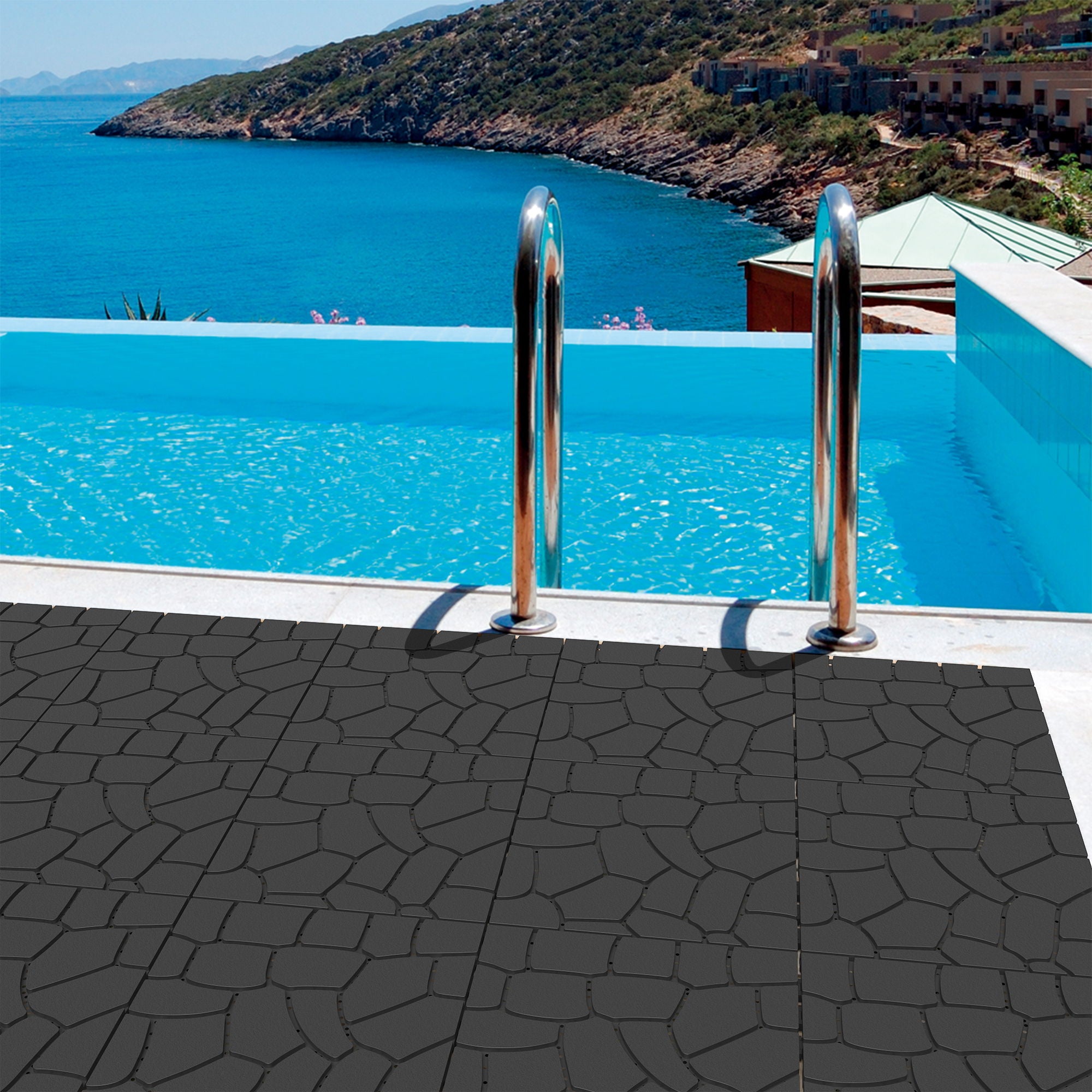 Stone Texture Patio Deck Tiles, Diy Interlocking Outdoor Floor Tiles (Set of 44) - Dark Grey