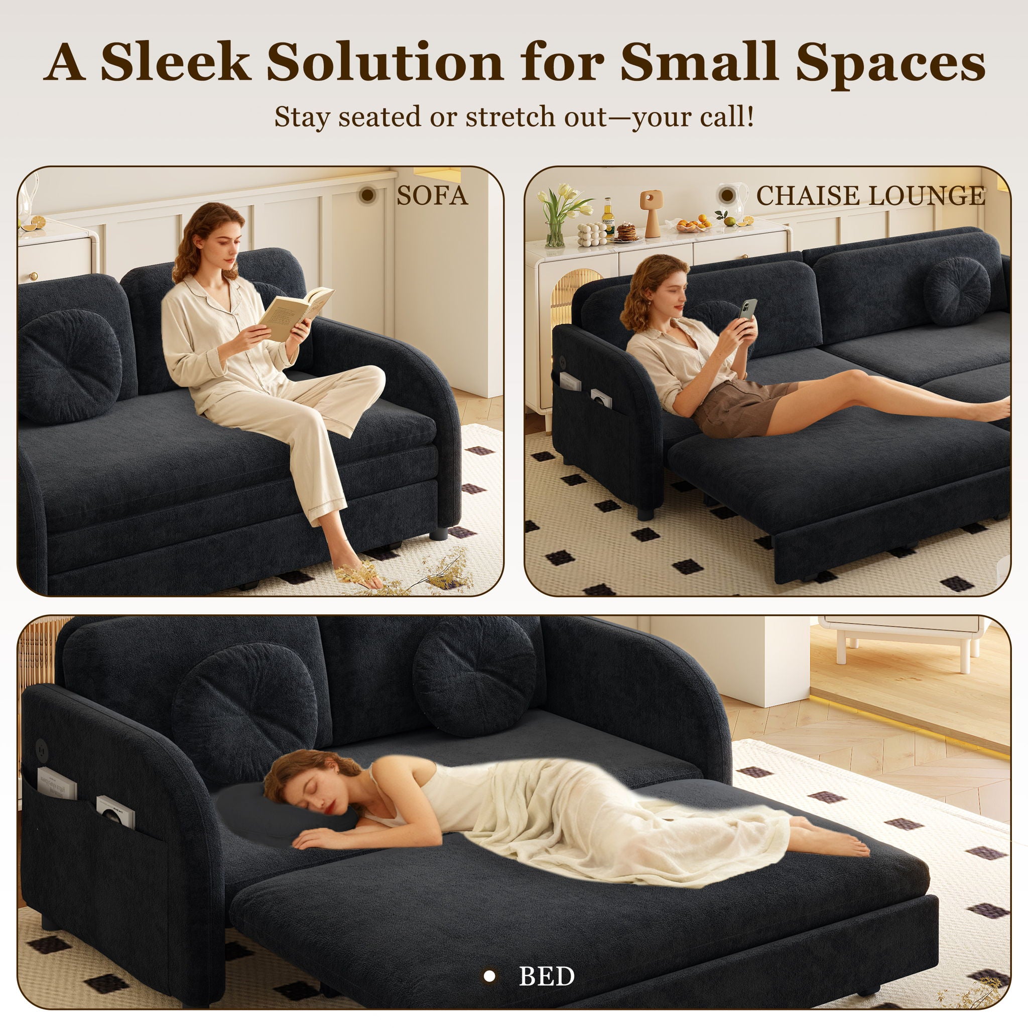 Upholstered Pull Out Couch With Side Pocket & USB Port