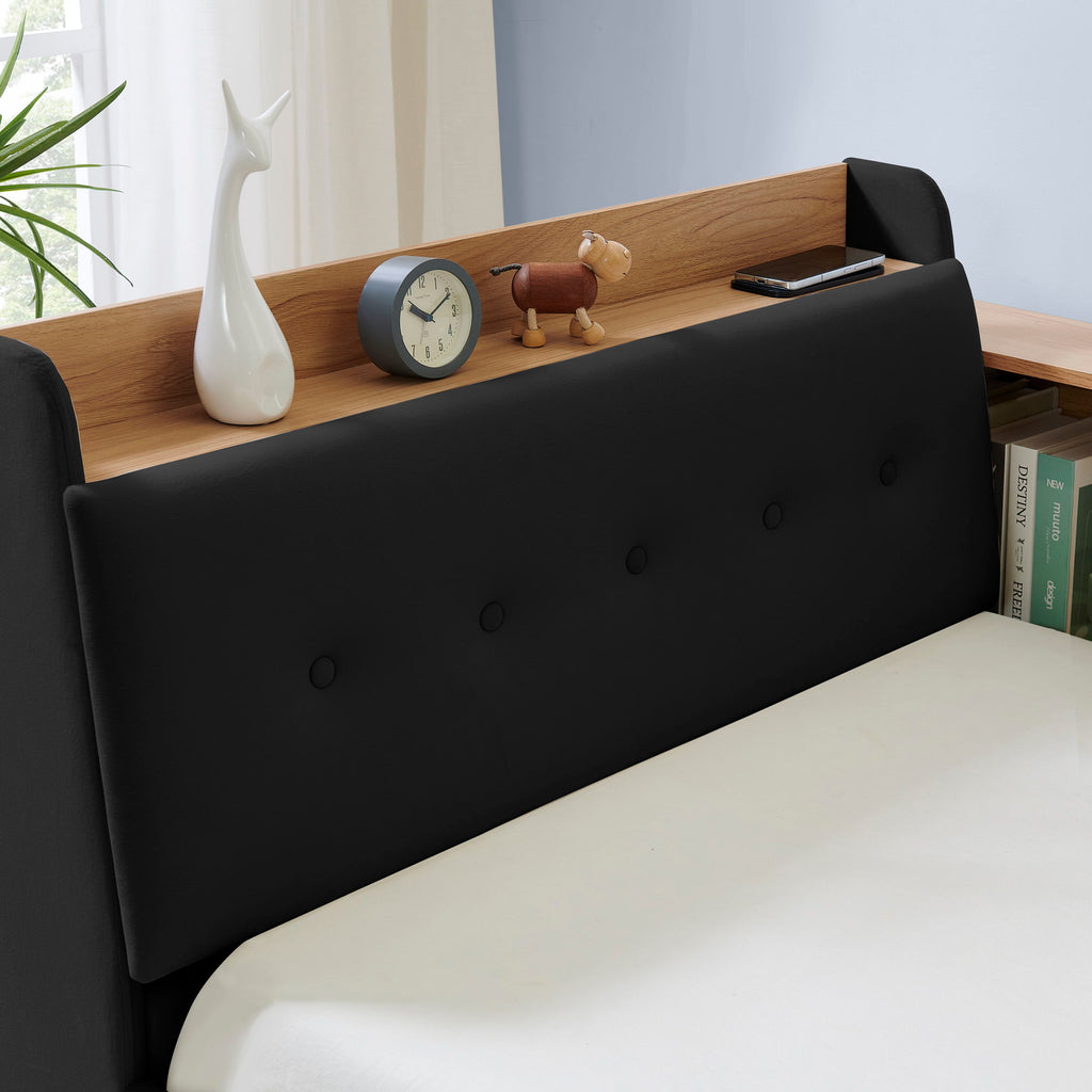 Upholstered Daybed With Storage Headboard, Wireless Charging, LED Lights