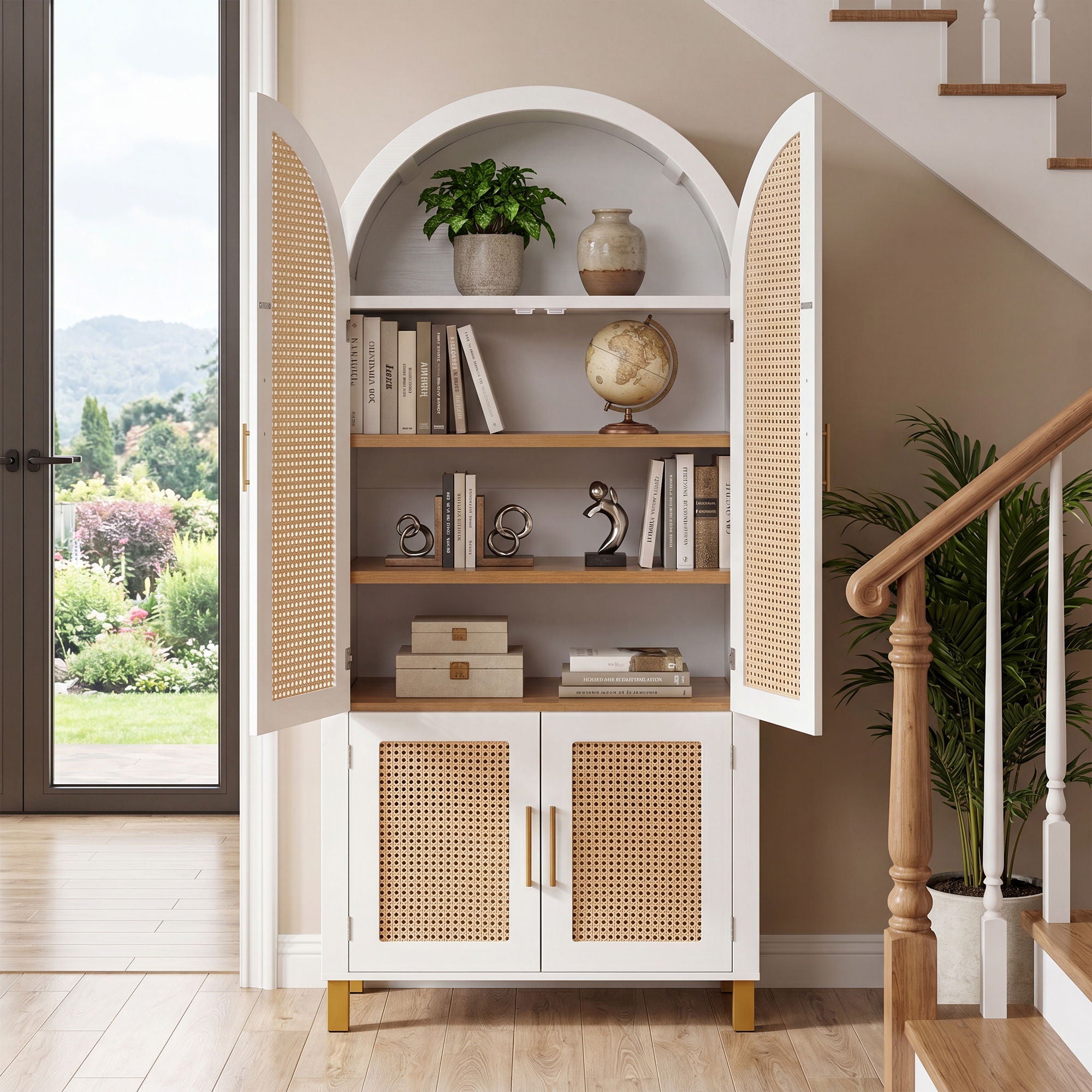 Tall Arched Cabinet With Rattan Doors & Adjustable Shelves