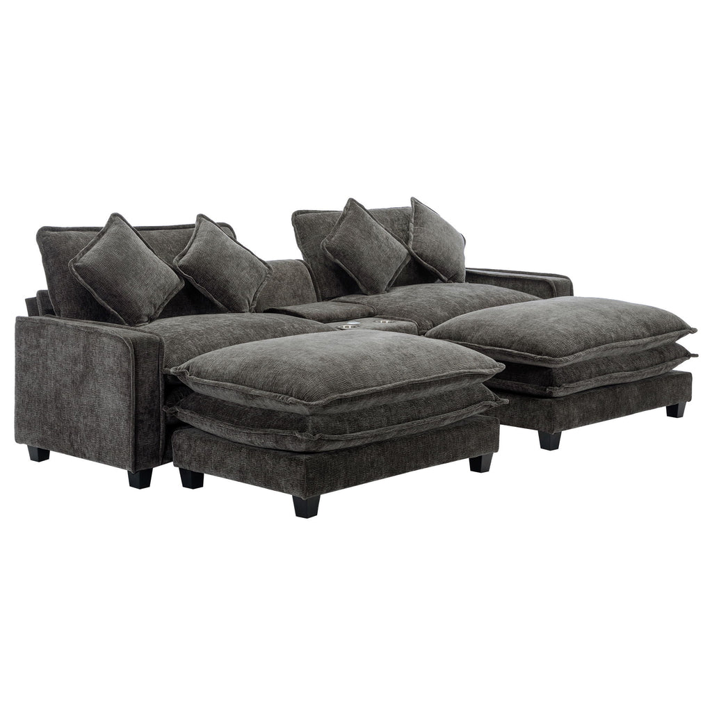 Modern Sectional Sofa With Removable Ottomans, USB Ports