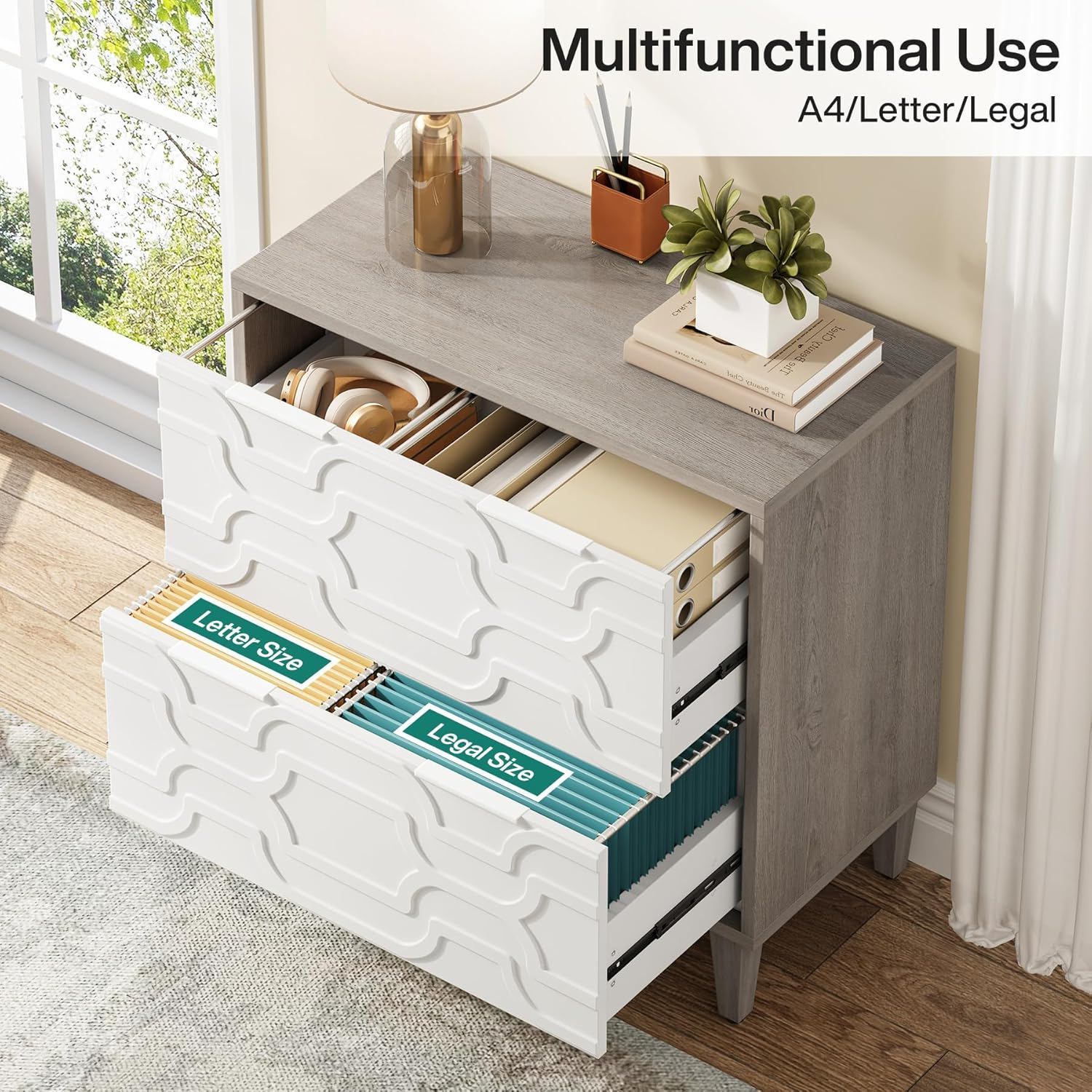 2 Drawer Lateral File Cabinet, Fits A4 / Letter / Legal - Gray / White