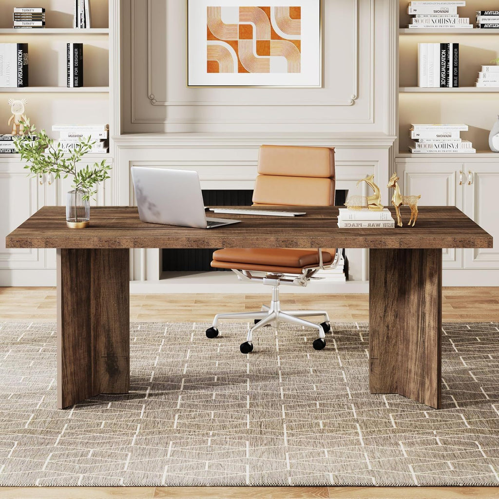 Executive Desk, Vintage Computer Workstation With Thickened Tabletop