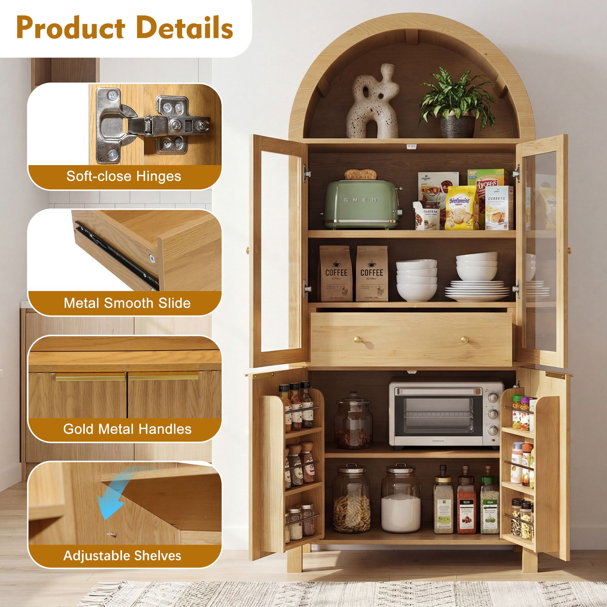 Fluted Tall Arched Pantry Cabinet With Adjustable Shelves