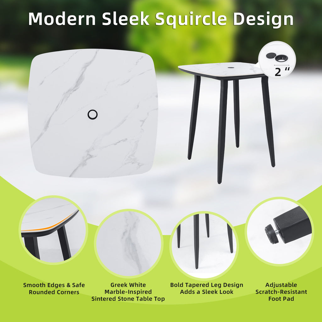 Modern Outdoor Patio Bar Set, Rounded Square Table & Bar Chairs, Non Rust Frame, Tapered Legs, Sunbrella Cushion