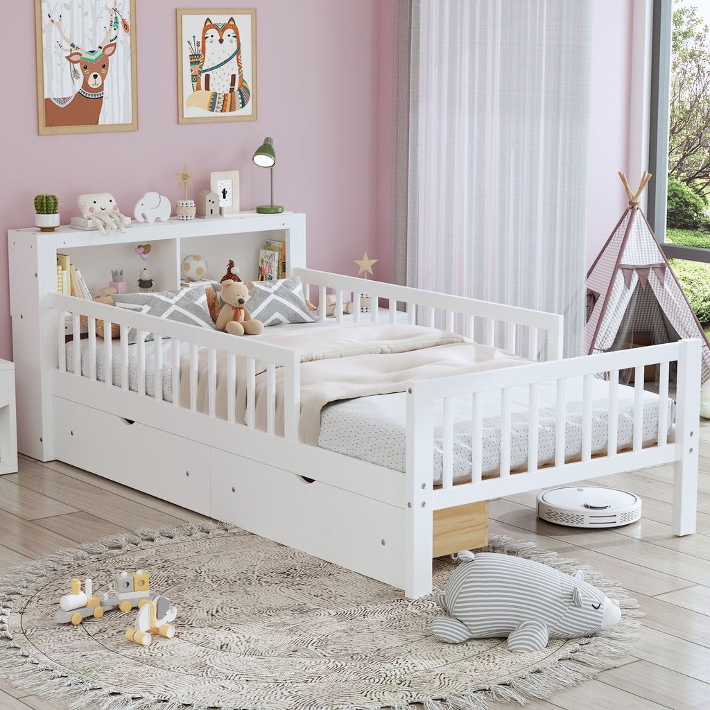 Bed With Headboard Storage Rack, 2 Under Bed Drawers, 3 Side Guardrails For Safety