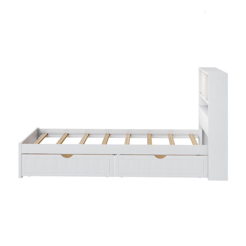 Platform Bed With Bookcase Headboard, Built-In Downlight, Charging Station, And 2 Side Drawers
