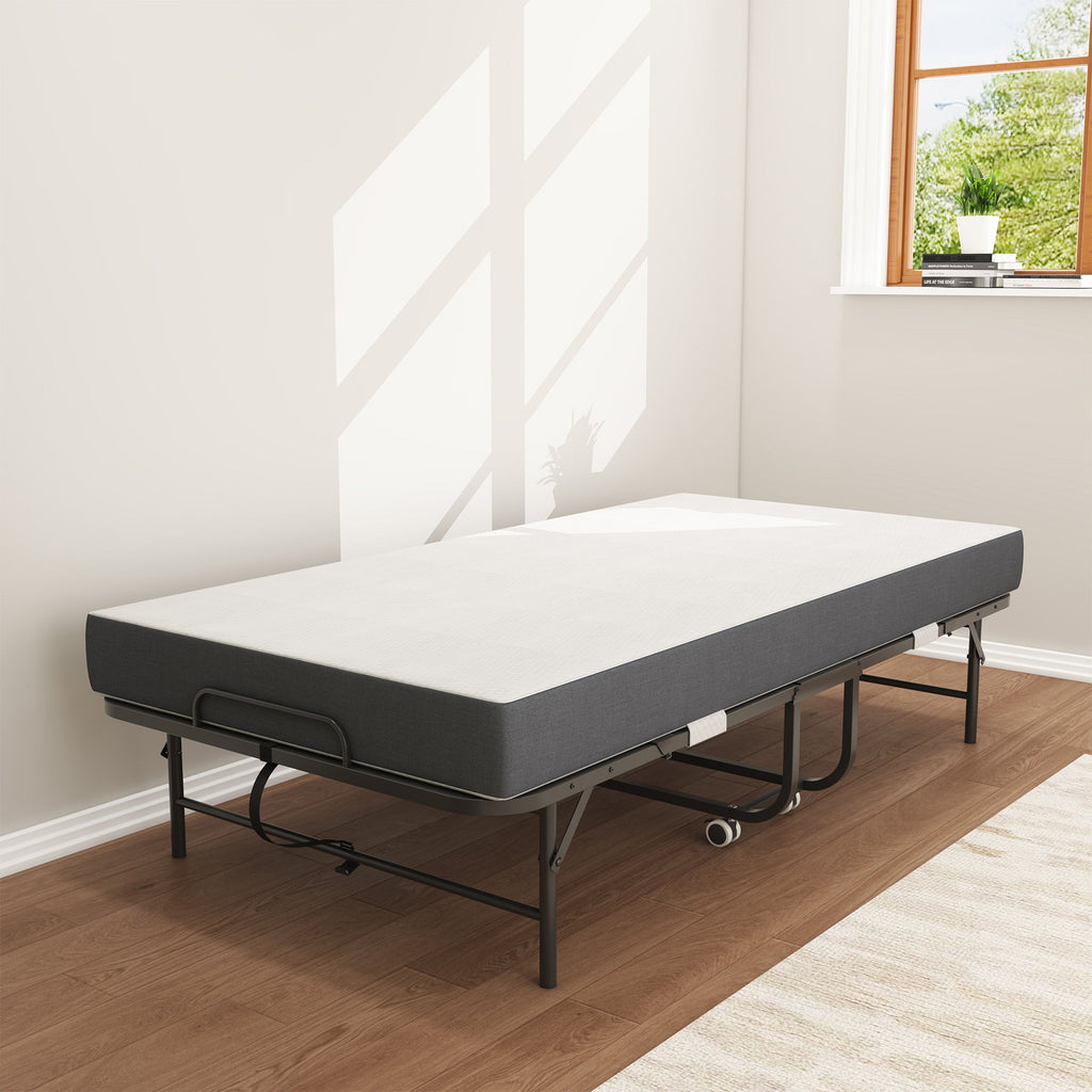 Twin Folding Bed With Memory Foam Mattress Portable Rollaway Bed Sturdy Metal Frame - Brushed Nickel