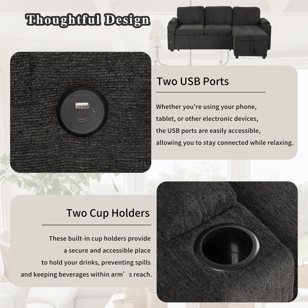 Convertible L Shaped Sofa Couch With Storage, Cup Holders, USB Ports