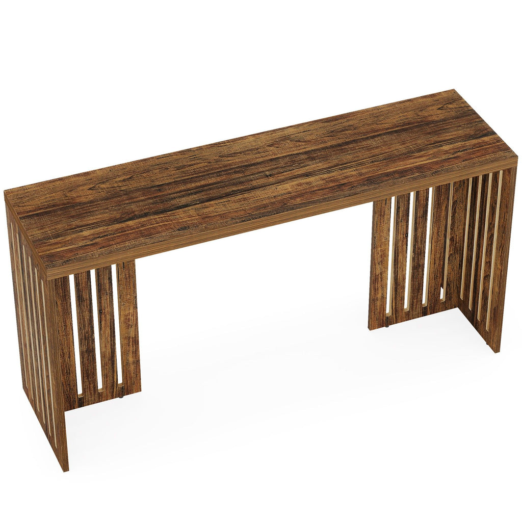 Narrow Counter Height Pub Table With Louvered Base For Kitchen - Rustic Brown