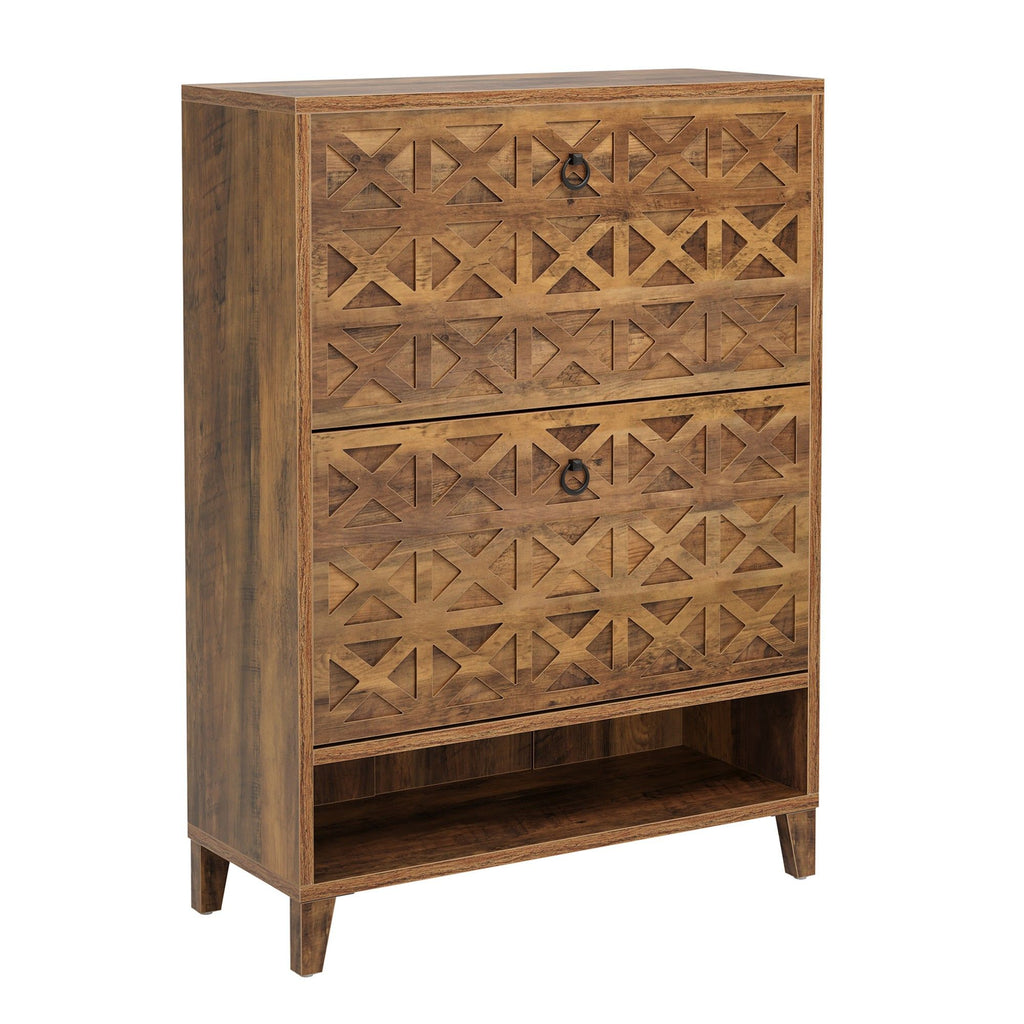 Narrow Shoe Cabinet With 2 Flip Drawers For Entryway Organizer - Rustic Brown