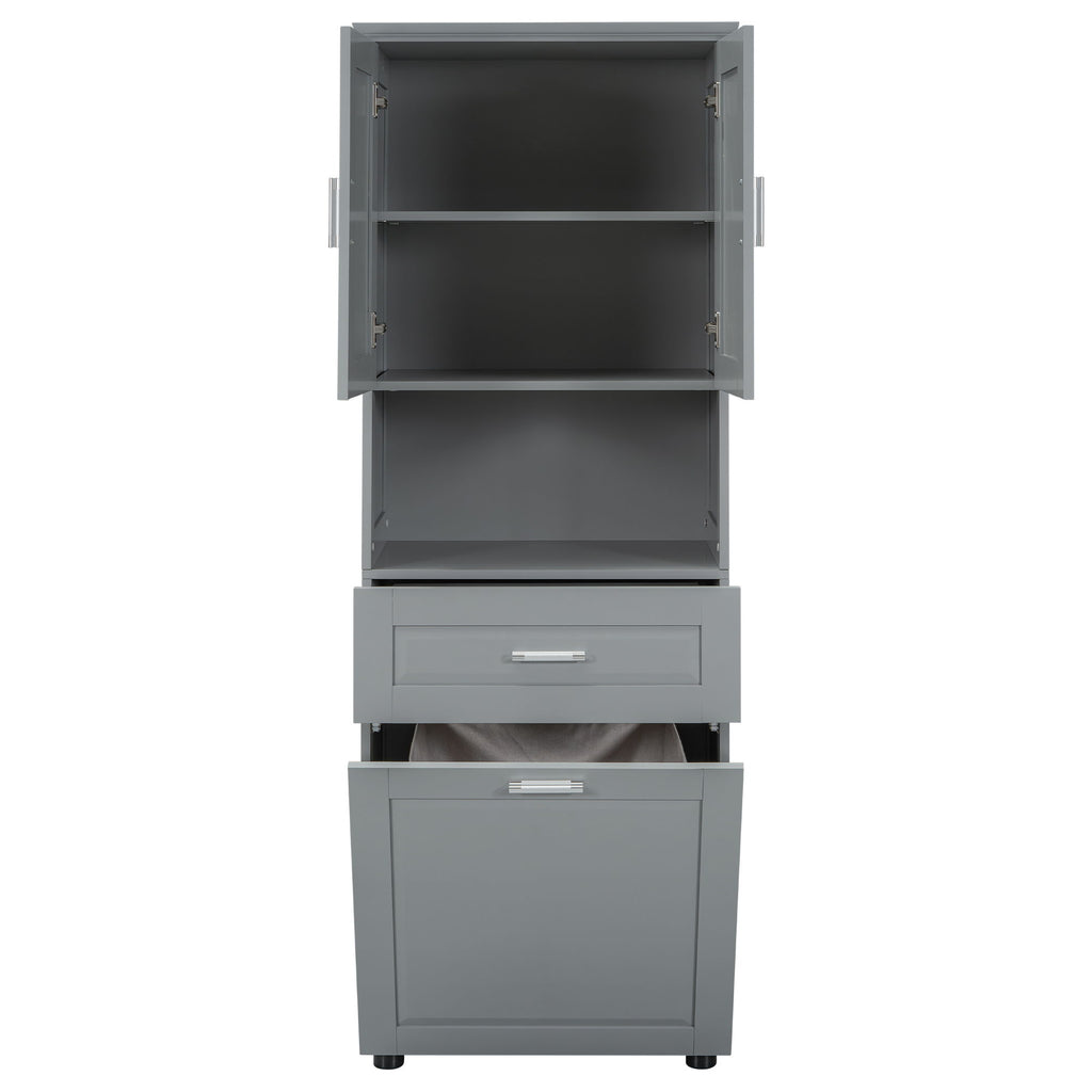 Tall Bathroom Cabinet With Tilt-Out Laundry Basket And Upper Storage