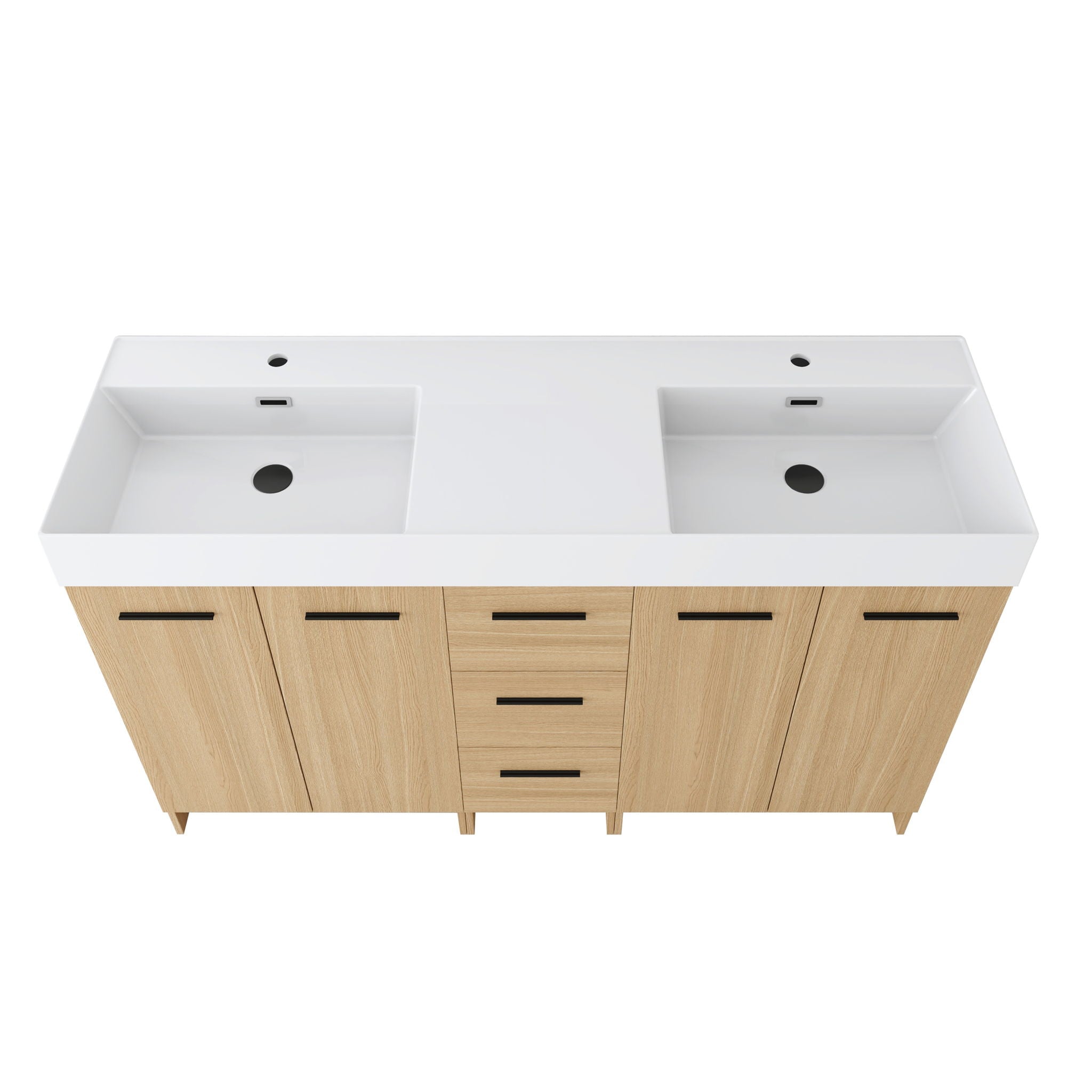 Double Sink Bathroom Vanity With 3 Drawers, Large Storage, Integrated Sink, Freestanding Cabinet, Soft Close Hardware - Glossy White / Light Oak