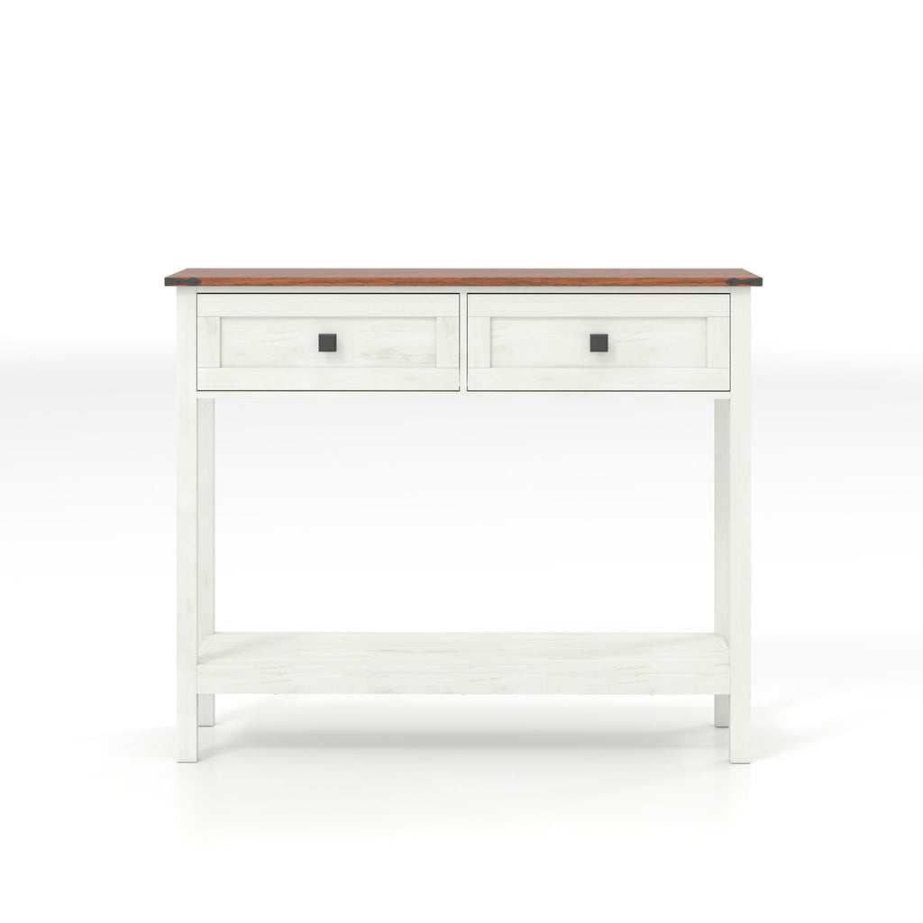 Farmhouse Style Console Table With 2 Drawers And Bottom Storage Shelf