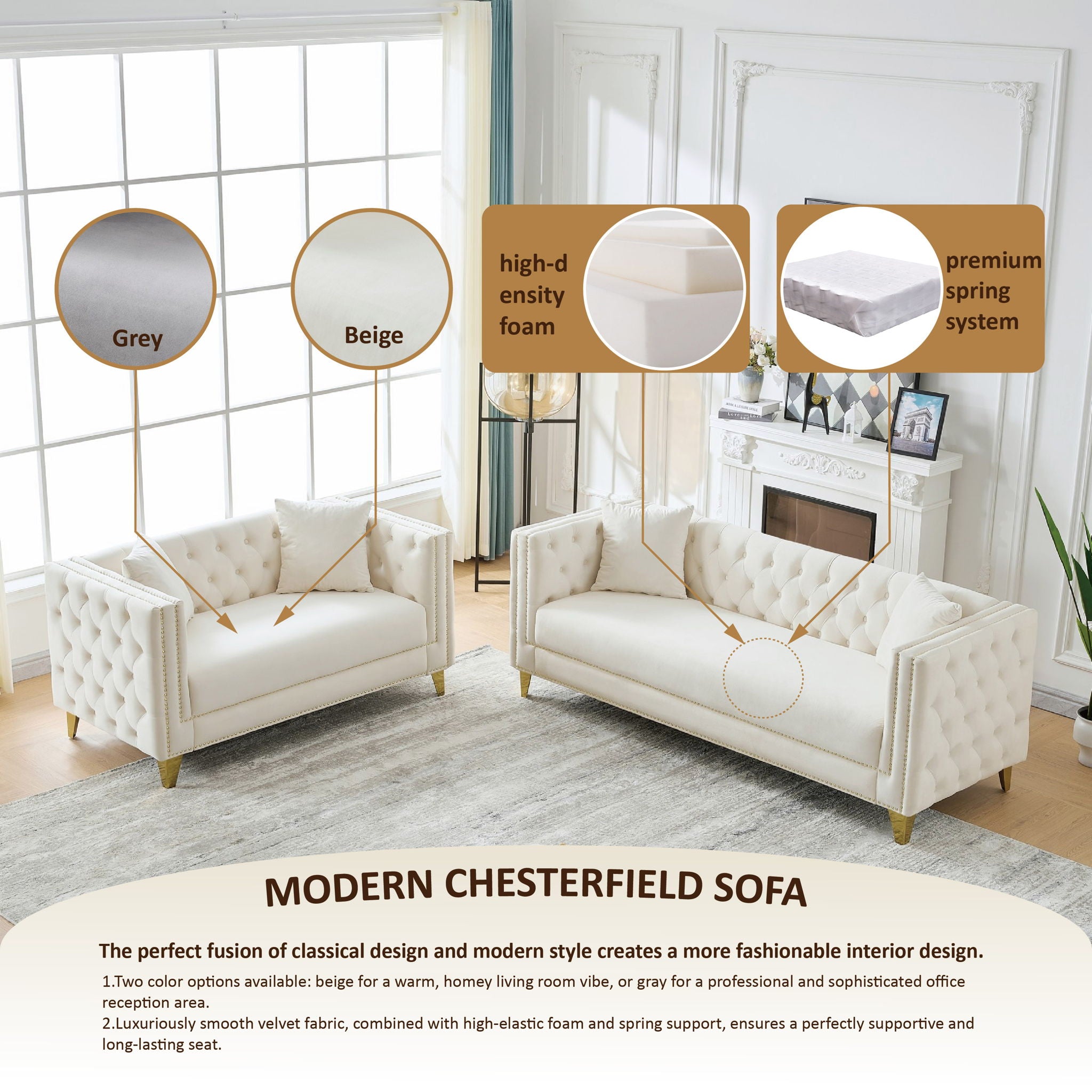 2 Seater Deep Seat Sofa With Button Nailhead, Square Arm