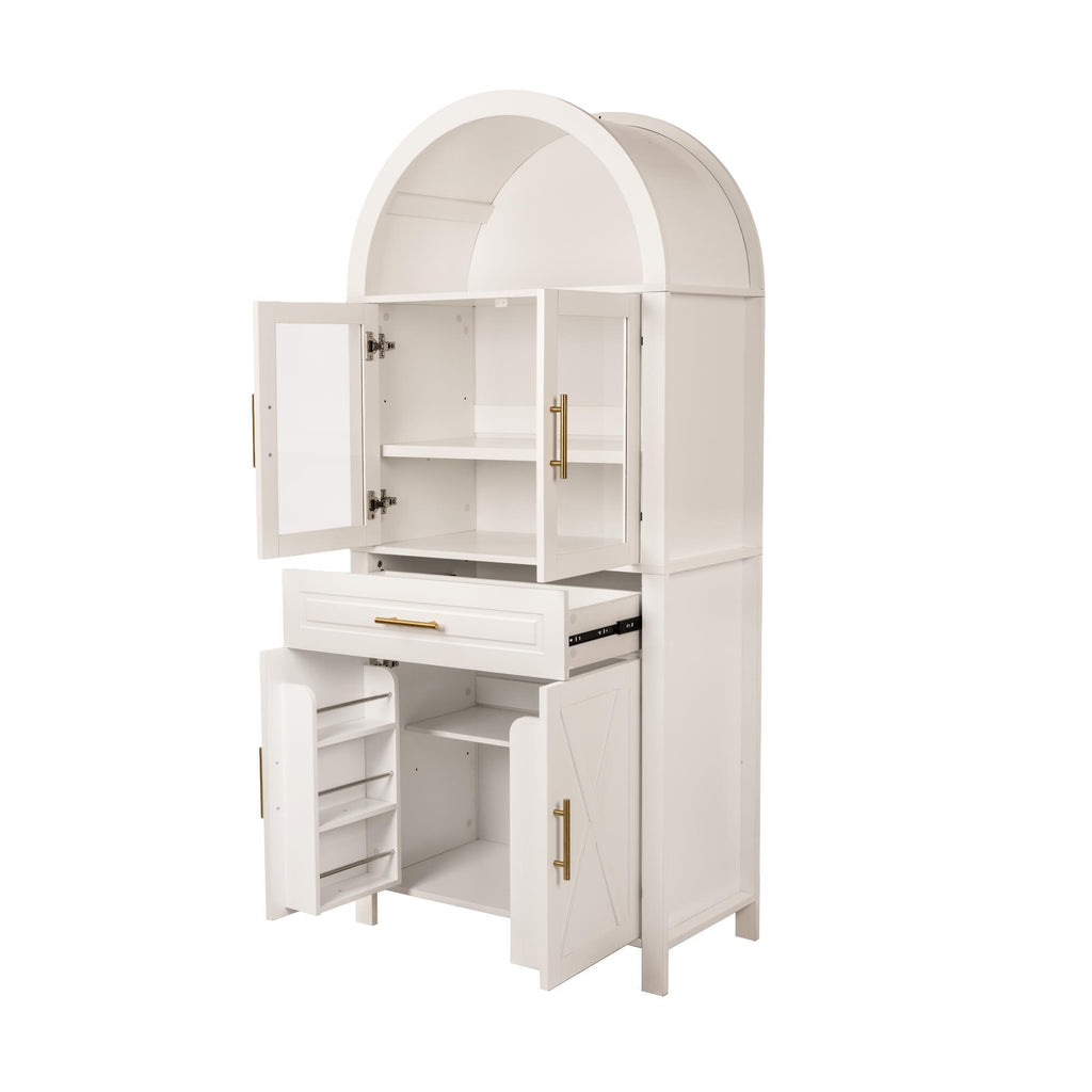 Arched Kitchen Pantry Cabinet With Adjustable Shelves & Barn Door Design
